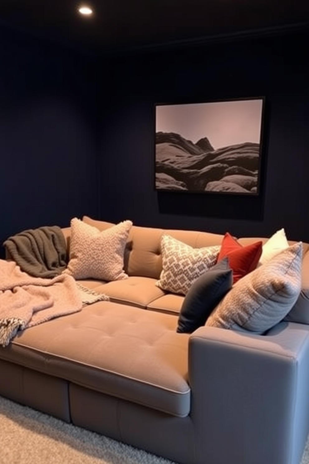 A warm and inviting home theater setting featuring a large sectional sofa adorned with cozy blankets and an array of plush cushions in soft textures. The walls are painted in a deep navy blue, and ambient lighting creates a relaxing atmosphere, enhancing the cinematic experience.