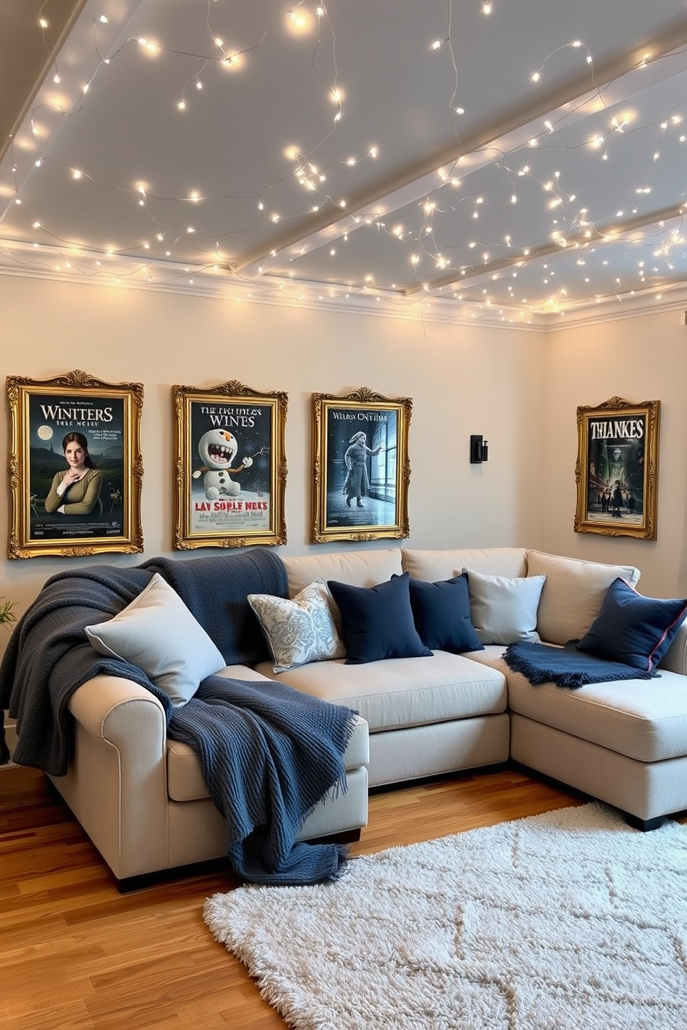 A cozy home theater inspired by classic winter films. The room features a large sectional sofa draped with soft, textured blankets and oversized pillows in shades of deep blue and silver. On the walls, vintage movie posters are framed in ornate gold frames, creating a nostalgic ambiance. The ceiling is adorned with twinkling fairy lights, mimicking a starry night sky, while a plush area rug adds warmth to the hardwood floor.