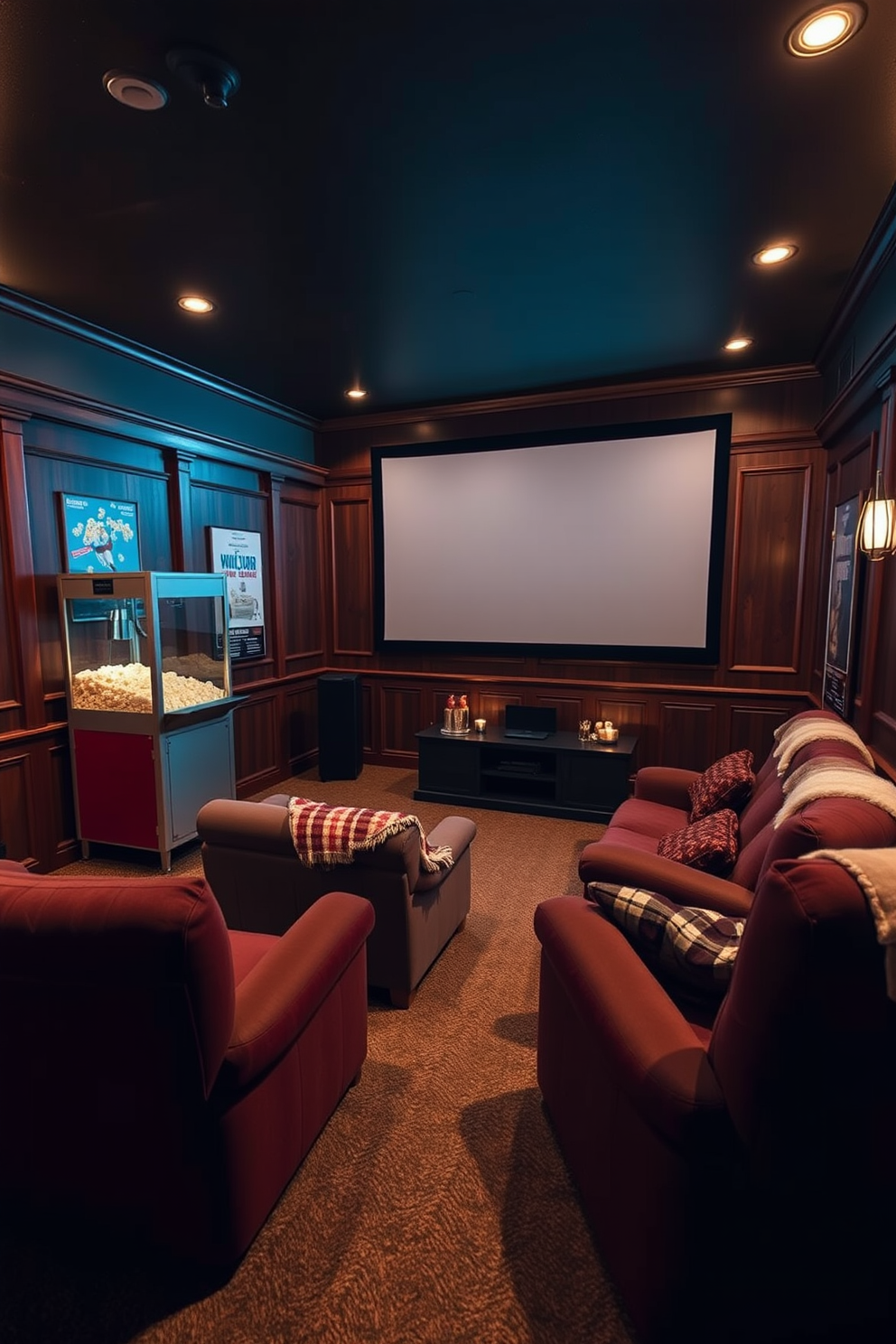 A cozy winter home theater setting featuring a vintage popcorn machine in the corner. The walls are adorned with rich, dark wood paneling, and plush seating is arranged for optimal viewing comfort. Soft, ambient lighting creates a warm atmosphere, while a large screen takes center stage. Decorative accents such as movie posters and blankets add a personal touch to the inviting space.