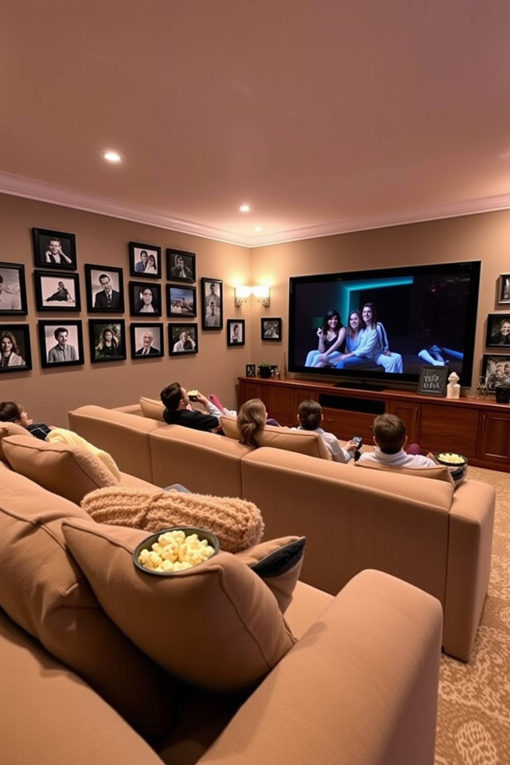 A cozy home theater setting designed for family movie nights. The walls are adorned with framed photographs capturing memorable moments, and plush seating invites relaxation. Soft ambient lighting enhances the warm atmosphere, while a large screen is the focal point for movie viewing. Decorative accents, such as throw blankets and popcorn bowls, complete the inviting space.