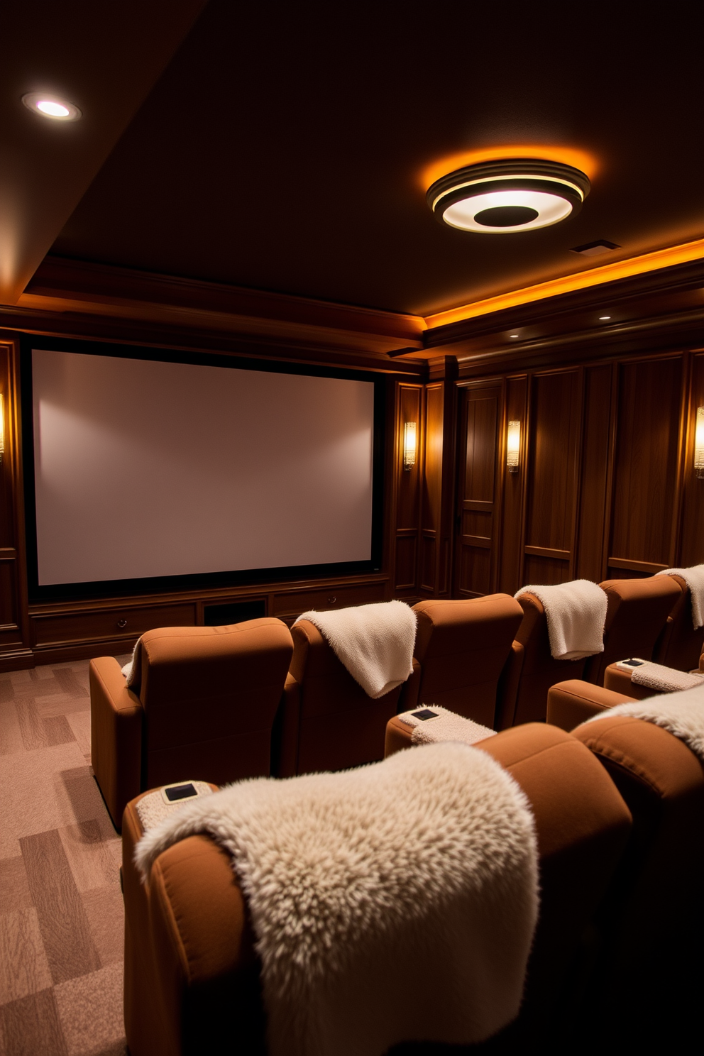 A cozy winter home theater with dimmer switches for adjustable lighting. The room features plush seating arranged around a large screen, with soft blankets draped over the chairs. Warm wood paneling adorns the walls, creating an inviting atmosphere. Ambient light fixtures are strategically placed to enhance the cinematic experience while providing flexibility in brightness.