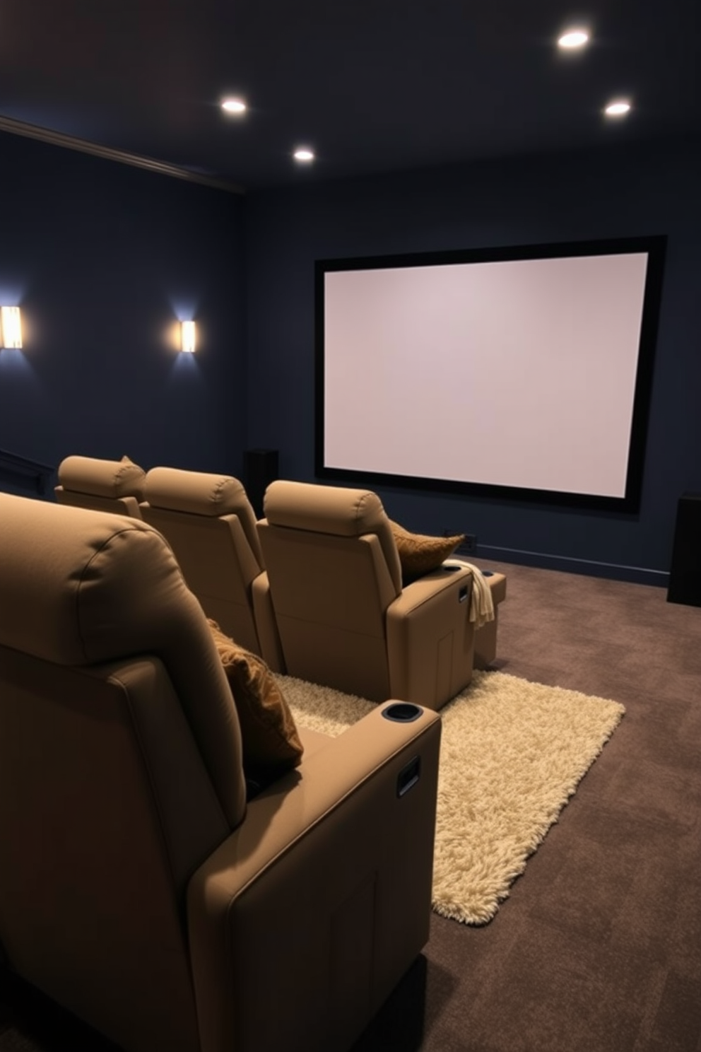 Comfortable reclining chairs are arranged in a cozy winter home theater setting. The chairs are upholstered in soft, warm fabrics and positioned to face a large screen, creating an inviting atmosphere for movie nights. The walls are painted in a deep navy blue, enhancing the intimate feel of the space. Soft ambient lighting is installed along the edges, while a plush area rug anchors the seating arrangement, adding an extra layer of comfort.