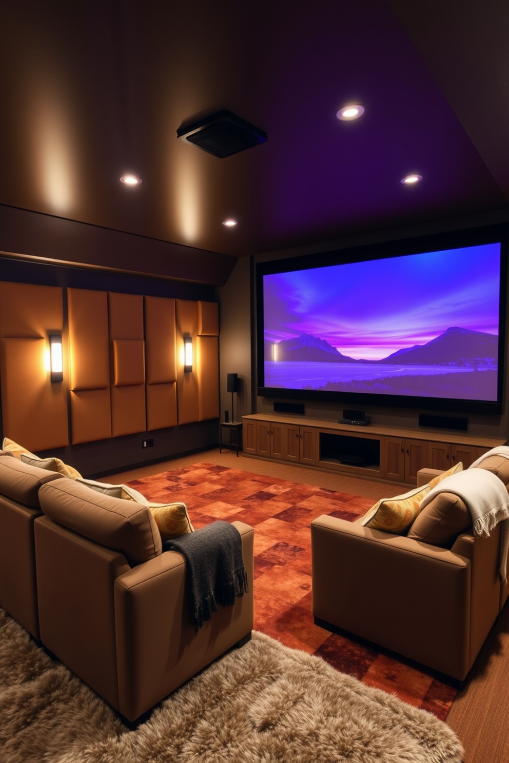 A cozy winter home theater featuring plush seating arranged in a semi-circle around a large screen. The walls are adorned with acoustic panels in warm tones to enhance sound quality and create an inviting atmosphere. Soft, ambient lighting fixtures are strategically placed to provide a gentle glow without causing glare on the screen. A thick area rug in rich colors adds comfort underfoot, while decorative throw blankets and cushions invite relaxation.