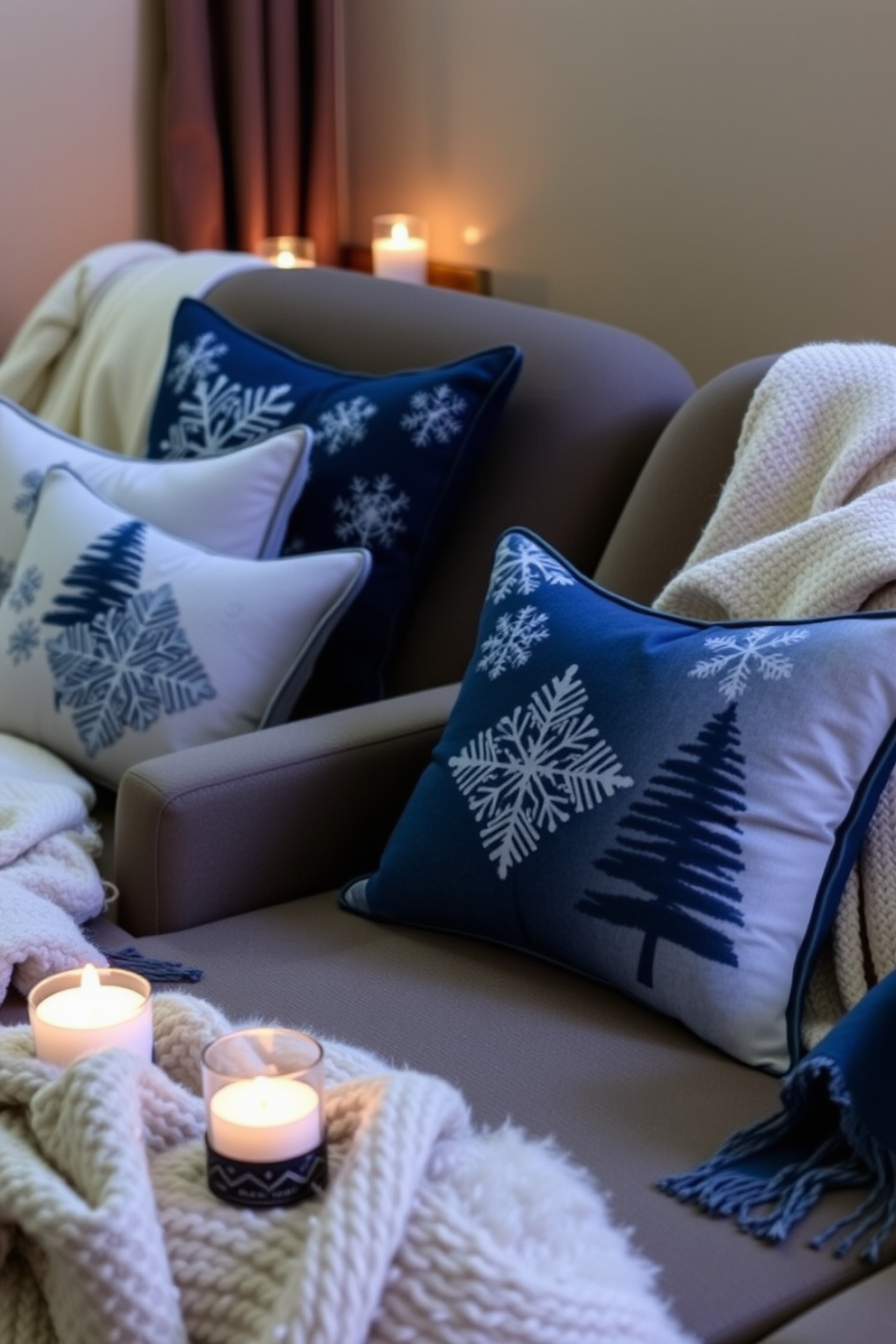 Decorative throw pillows with winter motifs. The pillows feature intricate designs of snowflakes and pine trees in a cozy color palette of deep blues and whites. Winter home theater decorating ideas. Plush seating is accented with soft, warm blankets and flickering LED candles create an inviting atmosphere for movie nights.