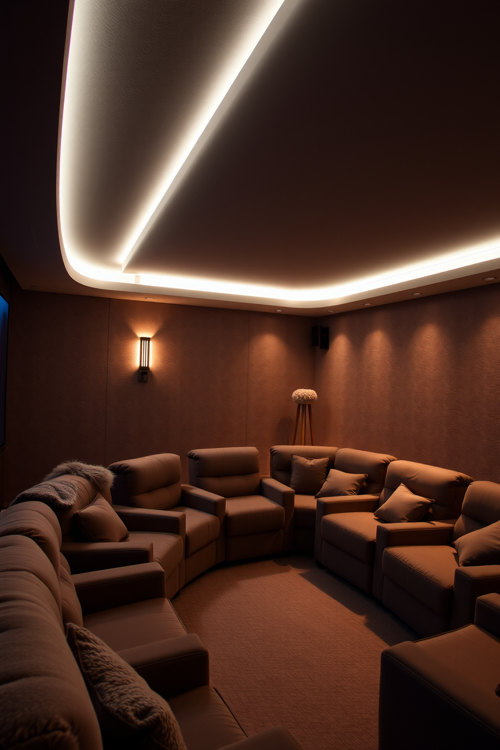 A cozy winter home theater setting with plush seating arranged in a semi-circle. Soft mood lighting is created by LED strip lights that illuminate the walls and ceiling, casting a warm glow throughout the space.