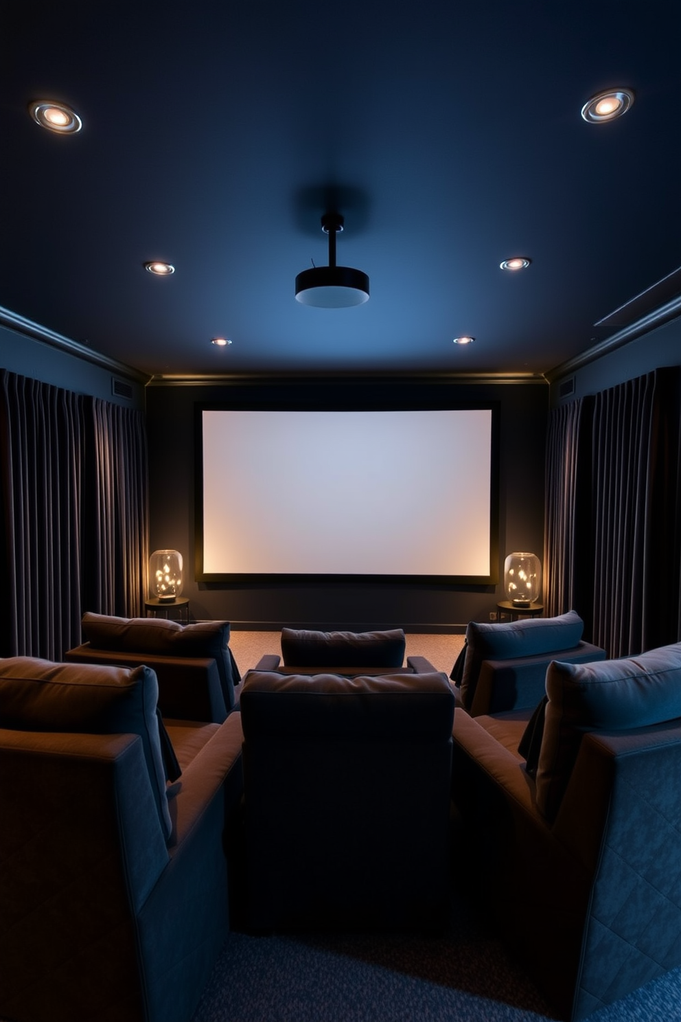 A cozy winter home theater featuring plush seating arranged in a semi-circle facing a large screen. The walls are painted in a deep navy blue, and blackout curtains frame the windows, enhancing the viewing experience while adding a touch of elegance.