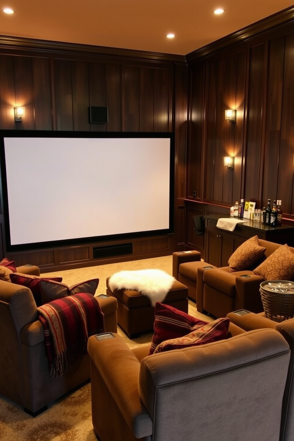 A cozy winter home theater featuring plush seating arranged in a semi-circle around a large screen. The walls are adorned with dark wood paneling, and soft lighting is provided by stylish wall sconces that enhance the ambiance. The room is decorated with warm blankets and decorative pillows in rich, inviting colors. A small bar area with a selection of snacks and beverages adds a touch of luxury to the space.