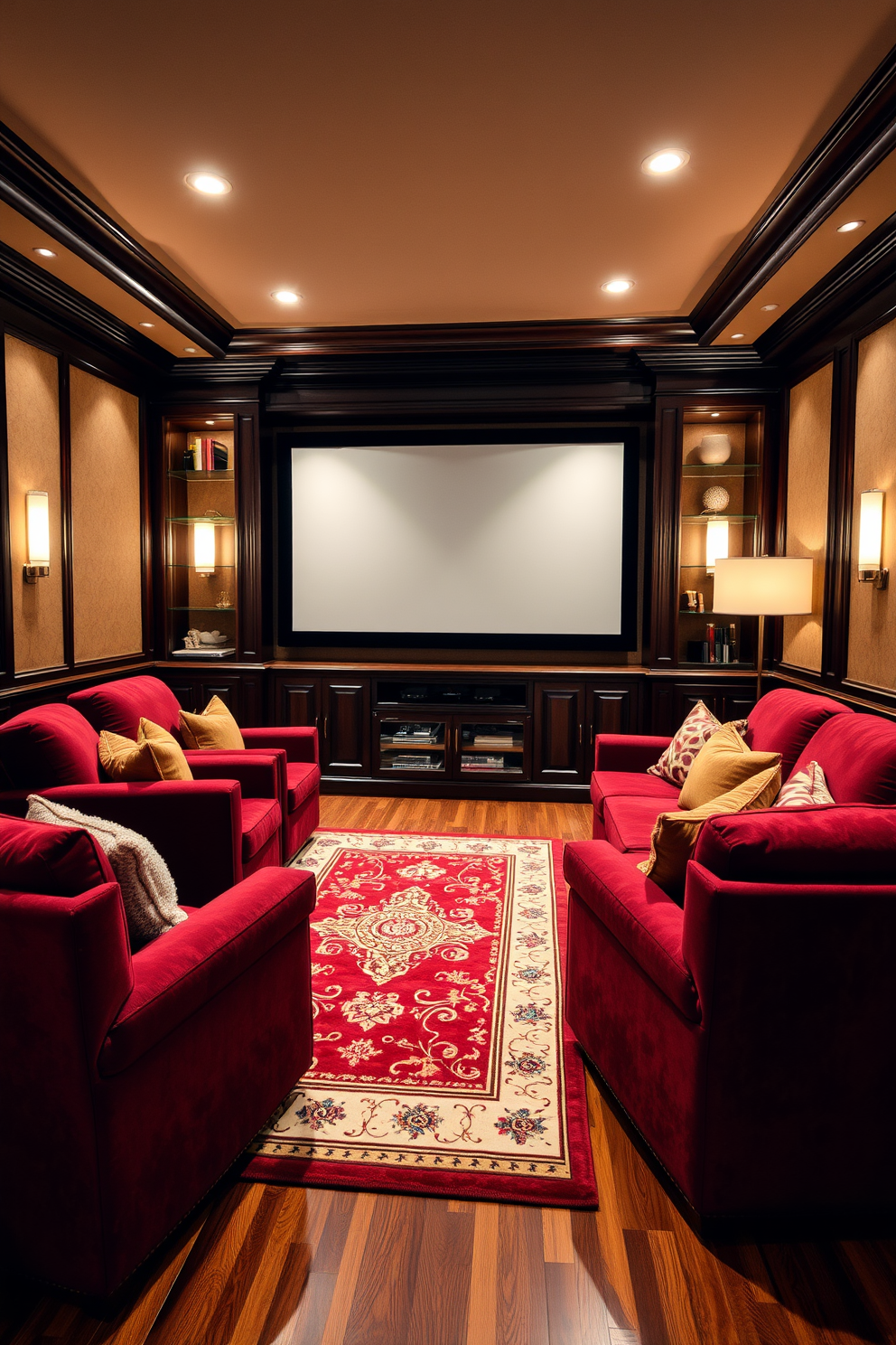 A cozy winter home theater featuring plush seating in deep burgundy and warm caramel tones. Soft ambient lighting creates an inviting atmosphere, while a large screen is framed by elegant dark wood paneling. A decorative area rug with intricate patterns adds texture to the hardwood floor. Shelves lined with books and decorative accents complete the sophisticated yet comfortable design.