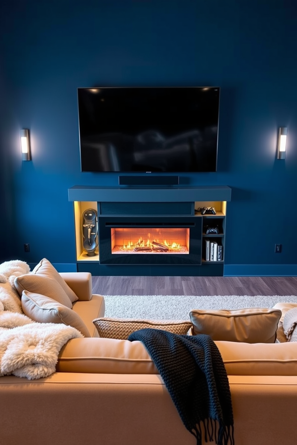 A cozy winter home theater setting featuring a large plush sectional sofa adorned with soft throw blankets and pillows. The walls are painted in a deep navy color, with a mounted flat-screen TV above a sleek modern fireplace that provides warmth and ambiance. Game console integration is seamlessly designed into the entertainment center, with stylish shelving that houses gaming accessories and decorative items. Soft ambient lighting highlights the space, creating an inviting atmosphere perfect for movie nights and gaming sessions.