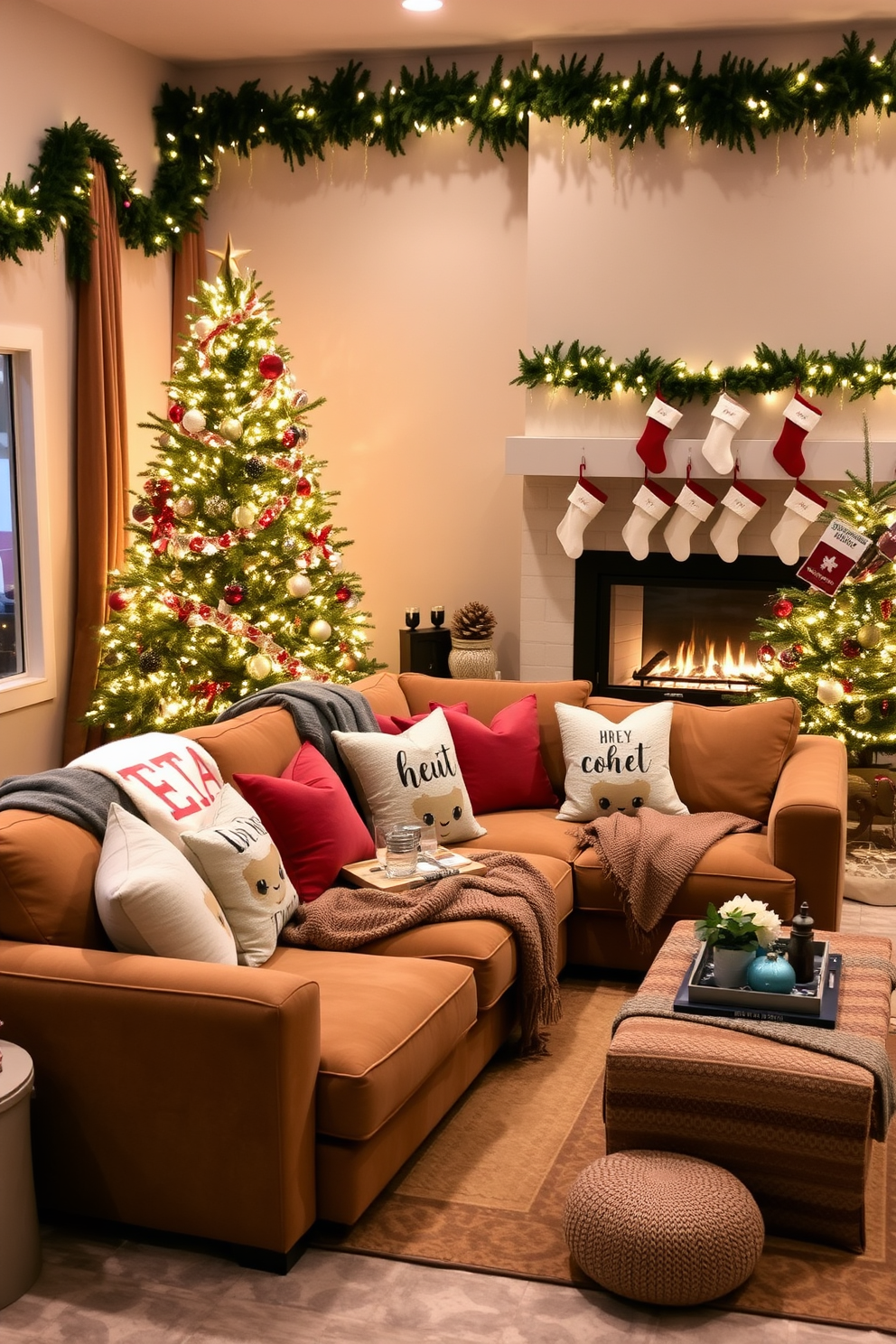 Create a cozy winter home theater setting. The room features a large plush sectional sofa adorned with soft throw blankets and decorative pillows in winter hues. A beautifully decorated Christmas tree stands in the corner, twinkling with warm white lights and colorful ornaments. The walls are adorned with festive garlands and stockings hanging by a modern fireplace, creating a warm and inviting atmosphere.