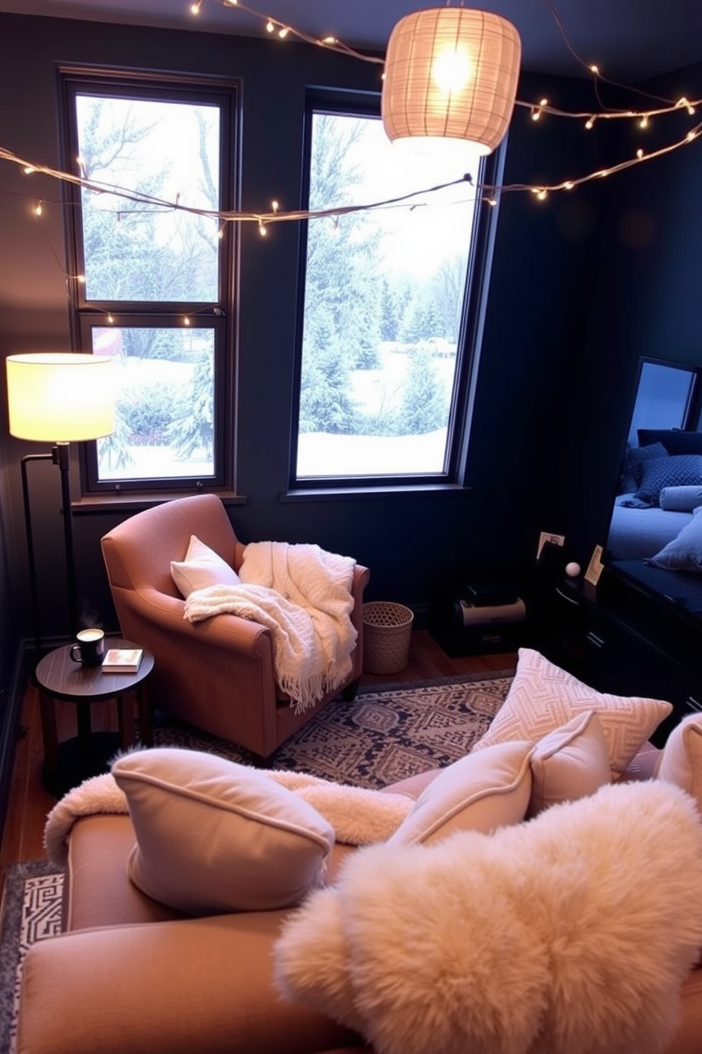 Cozy reading nook with a view. A plush armchair is positioned next to a large window that frames a picturesque snowy landscape. Soft, warm blankets are draped over the armchair, and a small side table holds a steaming cup of tea and a stack of books. The nook is illuminated by a stylish floor lamp that casts a gentle glow, creating an inviting atmosphere. Winter Home Theater Decorating Ideas. A large sectional sofa is arranged in front of a sleek flat-screen TV, with oversized pillows and a soft throw blanket for comfort. The walls are painted in a deep navy blue, and twinkling fairy lights are strung across the ceiling to evoke a cozy, festive ambiance.