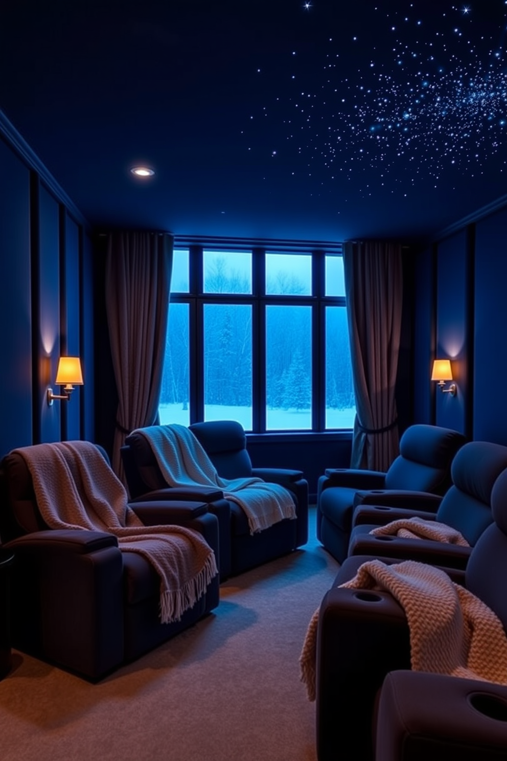 A cozy winter home theater designed for quiet enjoyment. The walls are lined with soundproofing panels in a rich navy blue, and plush velvet curtains frame the windows, blocking out any external noise. Comfortable seating is arranged in a semi-circle, featuring oversized recliners with soft throw blankets draped over them. Ambient lighting is provided by dimmable sconces and a starry ceiling projection, creating a warm and inviting atmosphere.