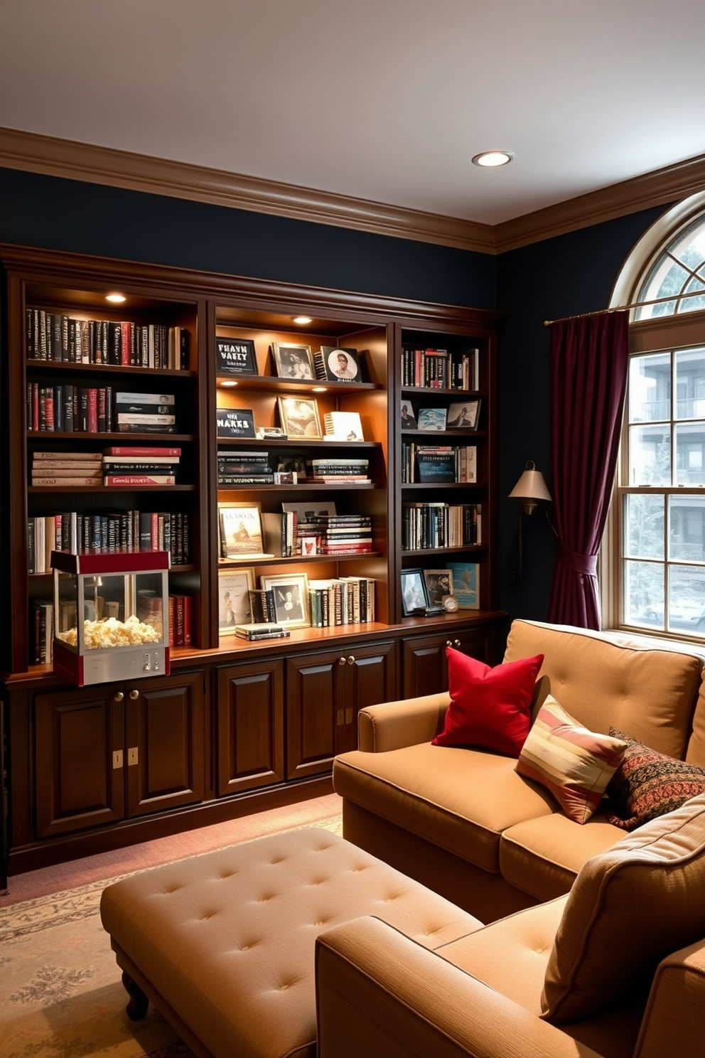 A cozy movie library display area with built-in wooden shelves filled with an extensive collection of films and memorabilia. Soft ambient lighting highlights the shelves while a plush sectional sofa invites relaxation in front of the screen. The walls are painted in a deep navy blue to create a cinematic atmosphere, complemented by rich burgundy curtains that frame the windows. A vintage popcorn machine sits in the corner, adding a nostalgic touch to the winter home theater experience.