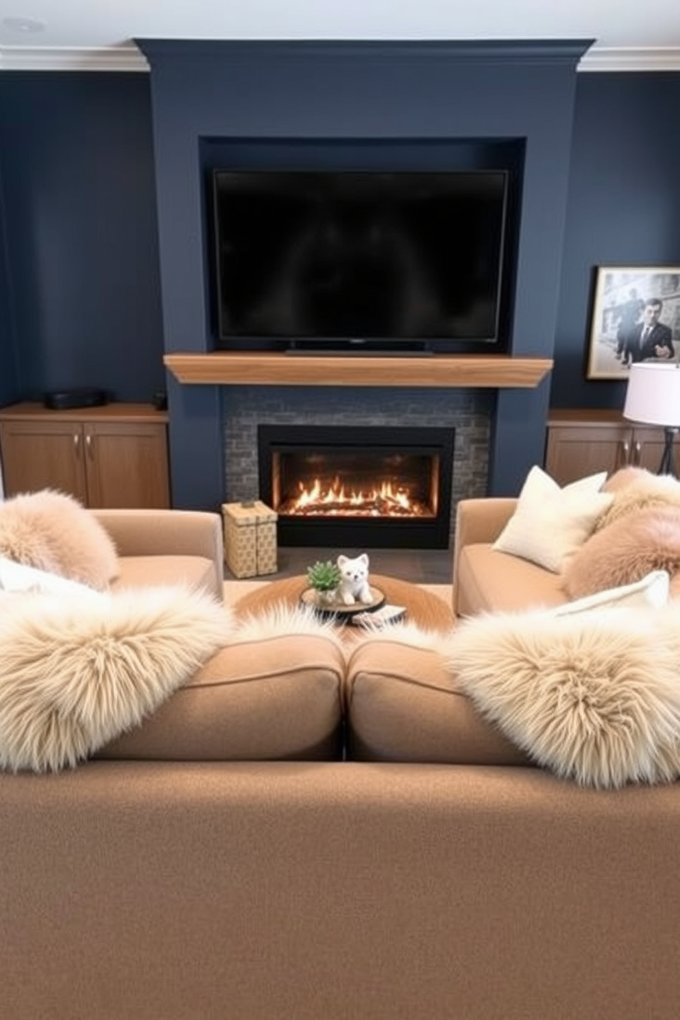 Create a cozy winter home theater setting that features a plush sectional sofa adorned with faux fur throws in soft neutral tones. The walls are painted a deep navy blue, and a large screen is mounted above a modern fireplace, providing warmth and ambiance.