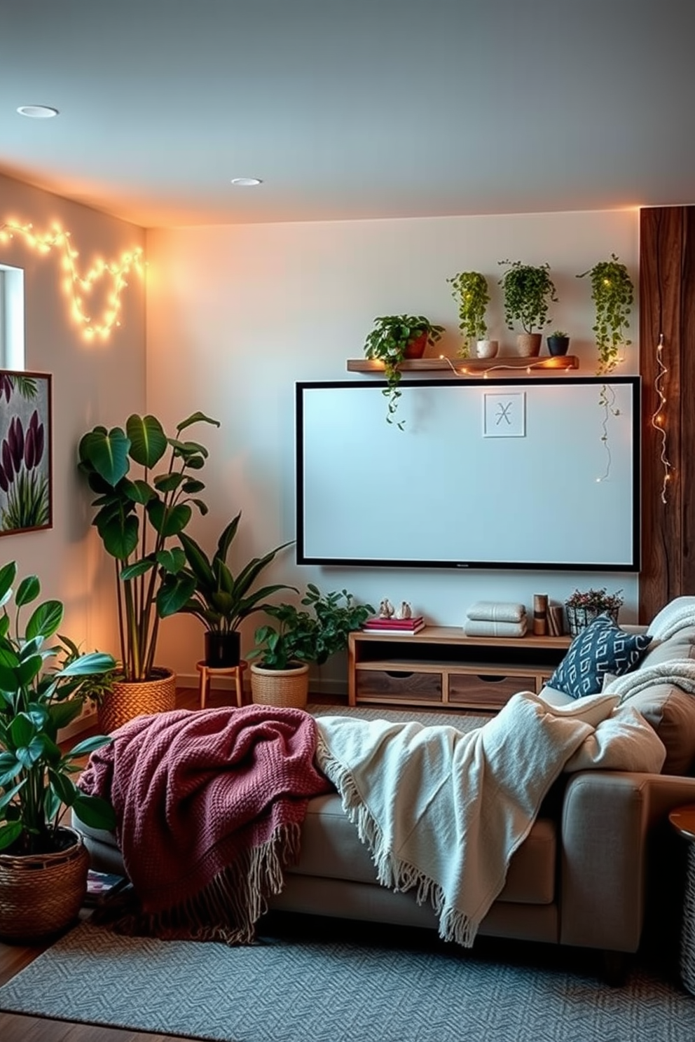 Indoor plants bring a refreshing touch of nature indoors. Imagine a cozy living space adorned with various indoor plants, including a tall fiddle leaf fig in the corner and cascading pothos on floating shelves. Winter home theater decorating ideas create a warm and inviting atmosphere. Picture a plush sectional sofa draped with soft blankets, surrounded by twinkling fairy lights and a large screen framed by rustic wooden accents.