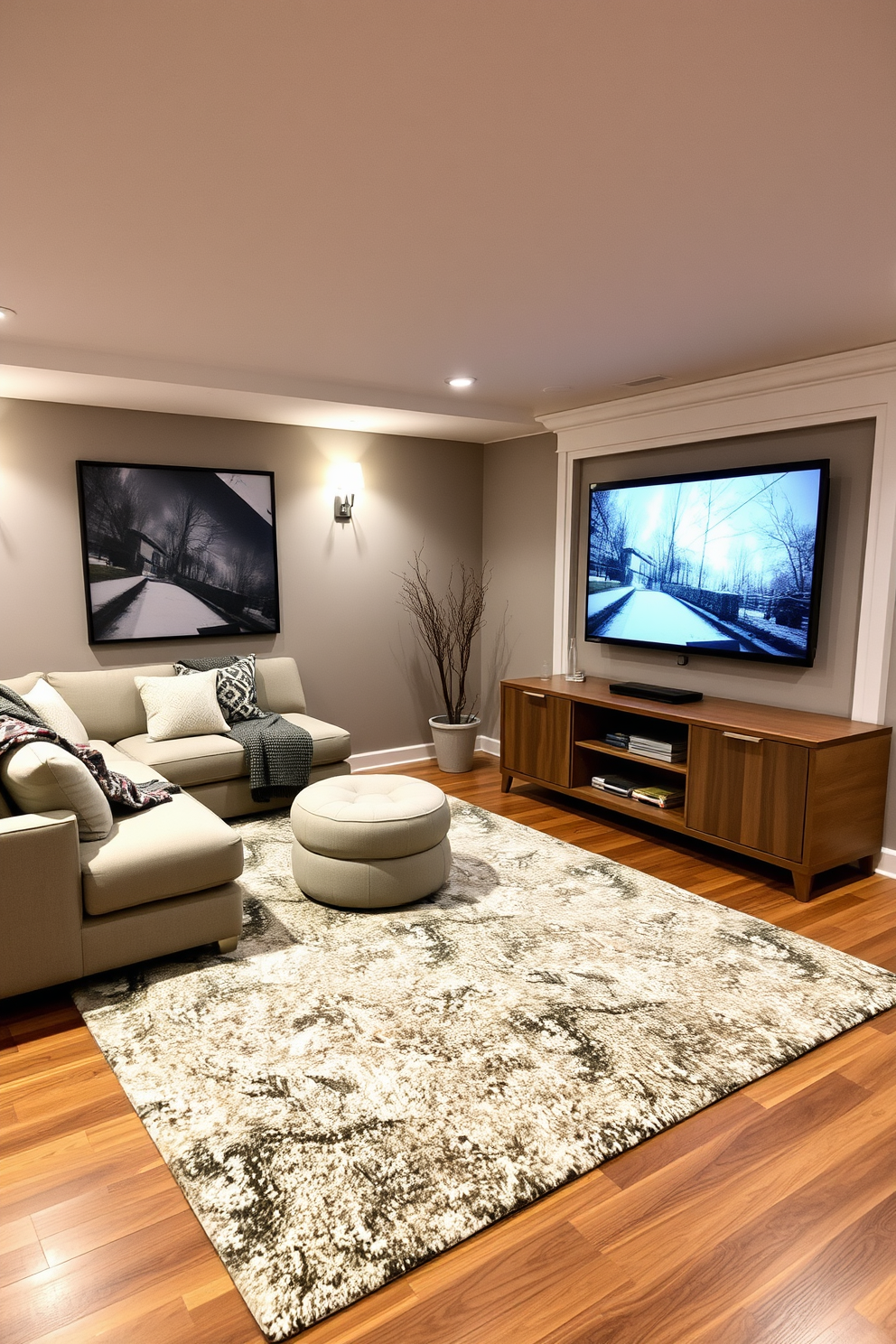 A cozy home theater designed for winter evenings. The space features a plush sectional sofa adorned with soft throw blankets and a large area rug that adds warmth to the hardwood floor. Stylish storage solutions for media equipment are integrated into the design. A sleek media console with a combination of open shelves and closed cabinets keeps the space tidy while showcasing decorative items.