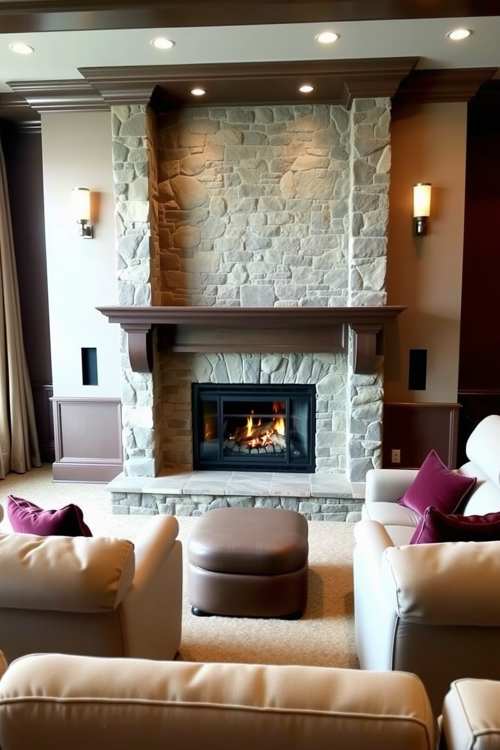 A cozy winter home theater featuring a stunning fireplace as the focal point. The fireplace is framed with elegant stonework and surrounded by plush seating arranged for optimal viewing comfort.