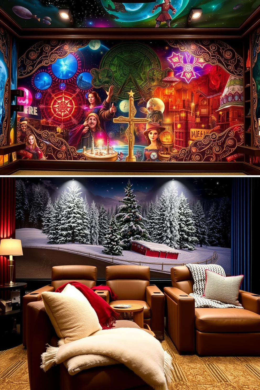 Artistic wall murals that transform spaces with vibrant colors and intricate designs. These murals serve as focal points, enhancing the overall aesthetic and creating a captivating atmosphere. Winter home theater decorating ideas that embrace cozy elements and warm lighting. Incorporate plush seating, soft blankets, and thematic decor to create an inviting cinematic experience.