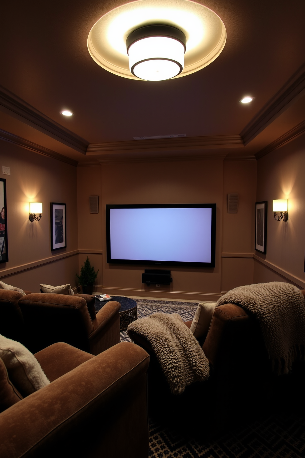 A cozy home theater designed for winter evenings. The room features soft recessed lighting that highlights the plush seating and a large screen, creating an inviting atmosphere for movie nights. Warm accents such as a thick area rug and plush throw blankets add comfort. Decorative wall sconces provide additional lighting options, enhancing the overall ambiance while maintaining a relaxed vibe.