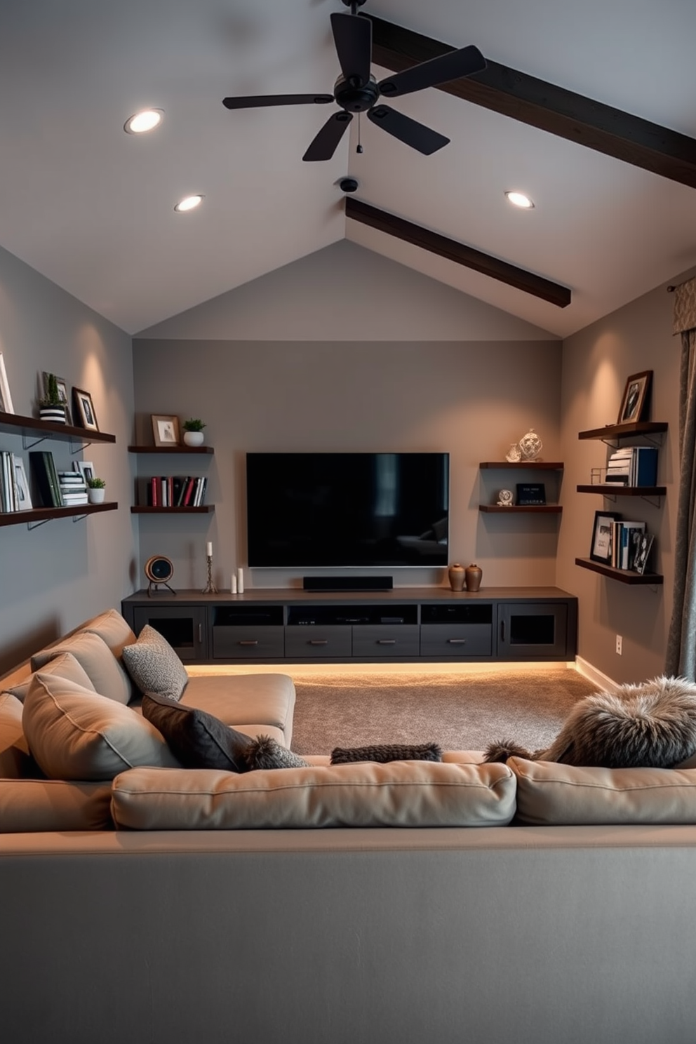 A cozy winter home theater setting. The walls are adorned with wall-mounted shelves displaying decorative items and books, while a plush sectional sofa invites relaxation. Soft, warm lighting creates an inviting atmosphere. A large screen is mounted on the opposite wall, complemented by a stylish media console beneath it.