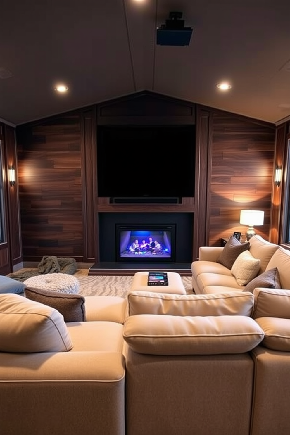 A cozy winter home theater featuring an oversized sectional sofa that comfortably seats the entire family. The walls are adorned with dark wood paneling, and a large screen is mounted above a modern fireplace, creating a warm and inviting atmosphere.