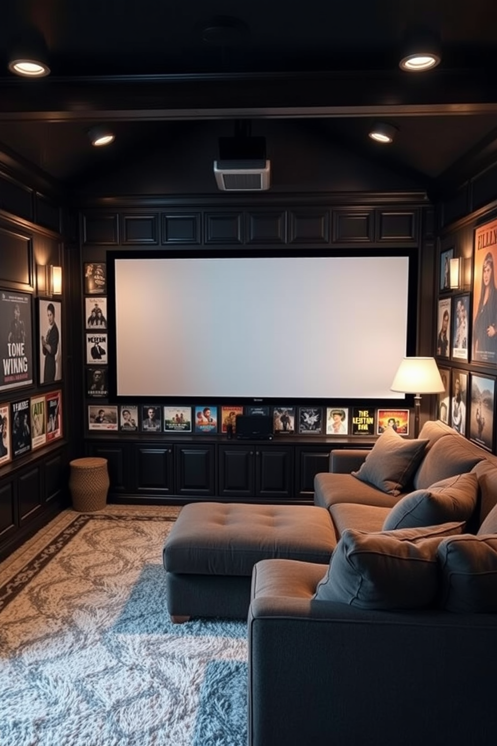 A cozy winter home theater adorned with vintage movie posters creates a nostalgic charm. The walls are lined with classic film art, framed in dark wood, and a plush sectional sofa invites relaxation in front of the large screen.