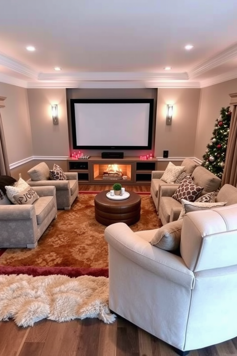 Create a cozy winter home theater setting. The room features plush seating arranged around a large screen, with soft area rugs laid out for warmth underfoot.