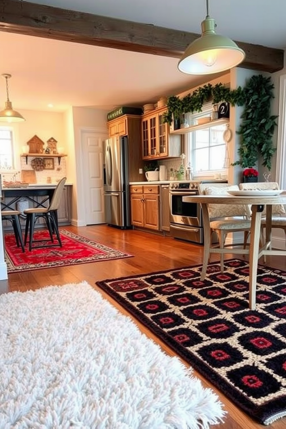 Layered rugs in a cozy winter kitchen create a welcoming atmosphere. The first rug is a soft, plush texture in a neutral tone, while the second rug features a bold pattern that adds visual interest. Decorative elements like garlands of greenery and seasonal accents can enhance the winter theme. Warm lighting fixtures illuminate the space, casting a soft glow over the layered textiles and inviting comfort.