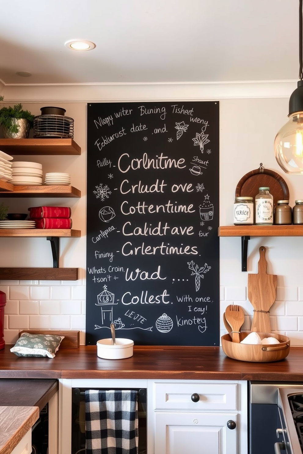 A cozy winter kitchen features a chalkboard wall adorned with seasonal messages and festive drawings. The space is filled with warm lighting, rustic wooden shelves, and a mix of white and dark cabinetry, creating an inviting atmosphere.