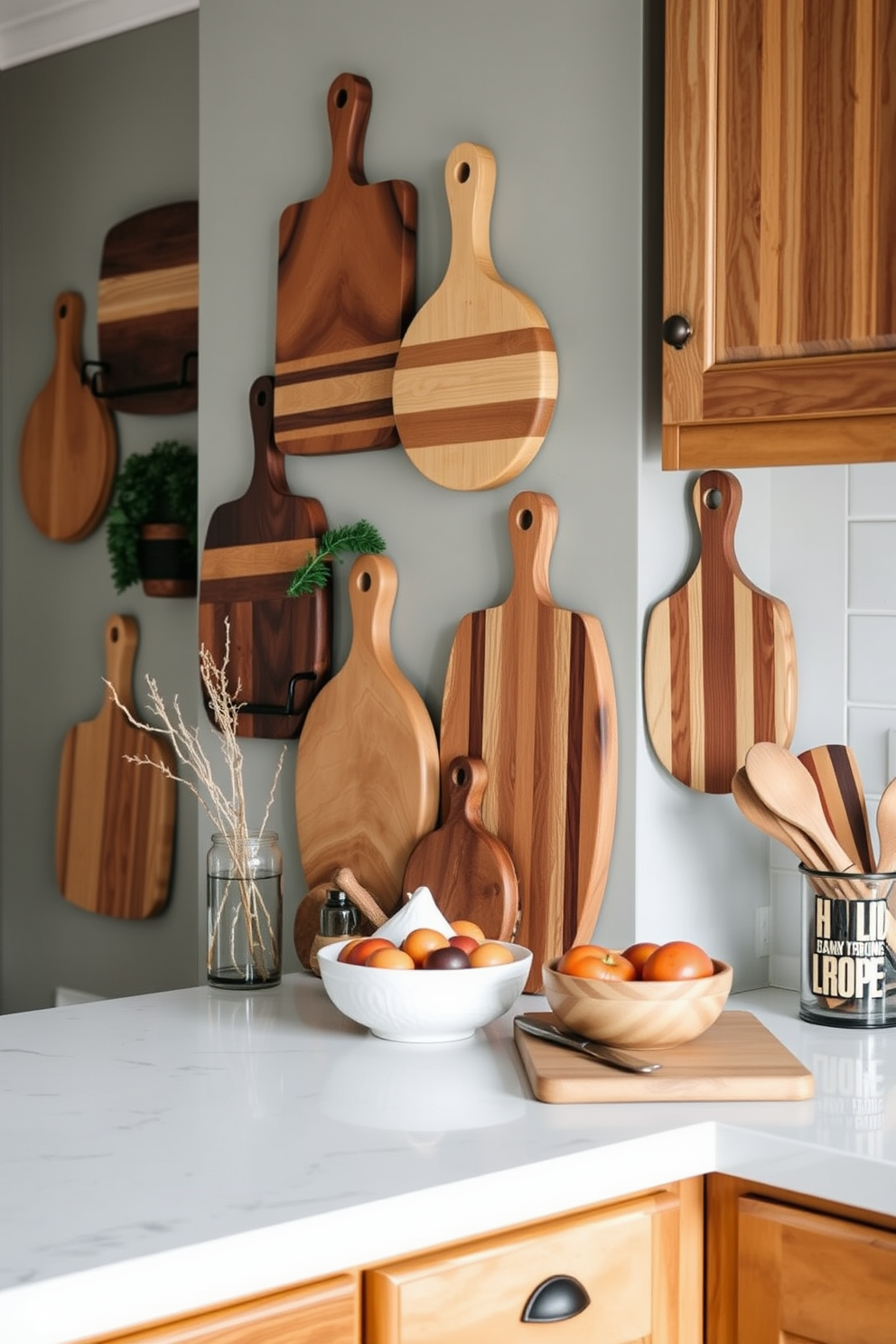 A cozy winter kitchen adorned with decorative cutting boards displayed as art pieces on the walls. The cutting boards feature various wood grains and shapes, adding warmth and texture to the space while complementing the rustic cabinetry.