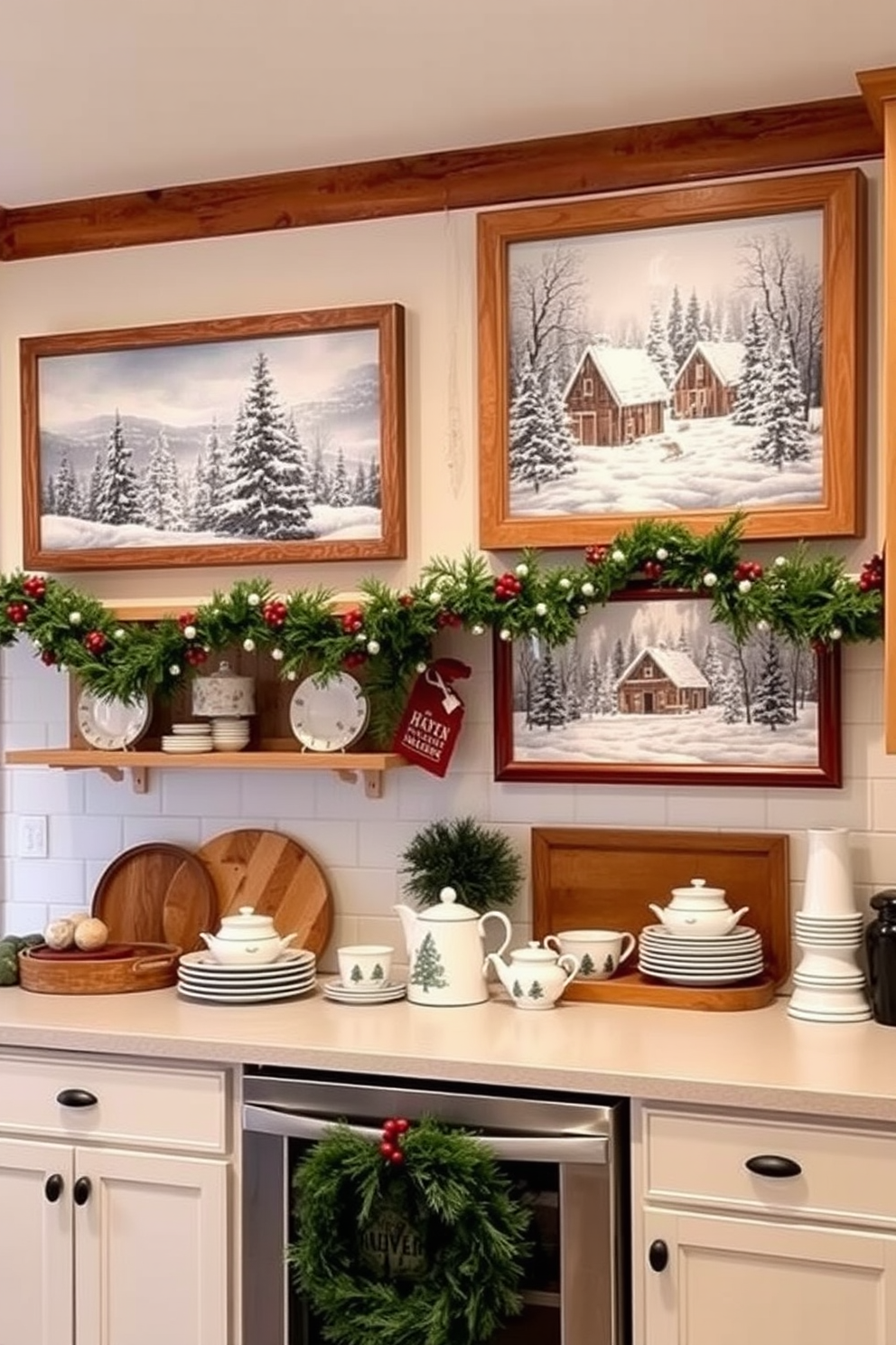 Winter-themed artwork on walls. The paintings depict serene snowy landscapes and cozy cabin scenes, framed in rustic wood to enhance the seasonal charm. Winter Kitchen Decorating Ideas. The kitchen features a warm color palette with white cabinets and wooden accents, adorned with festive garlands and winter-themed dishware for a cozy atmosphere.