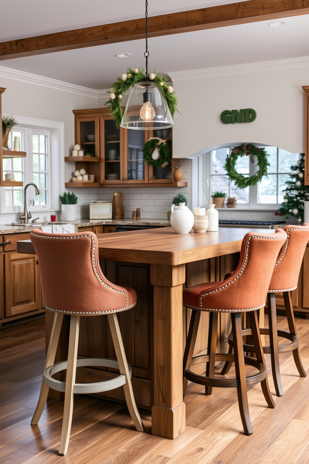 Stylish bar stools with warm fabrics are arranged around a rustic wooden island. The kitchen features a cozy atmosphere with soft lighting and seasonal decorations that enhance the winter theme.