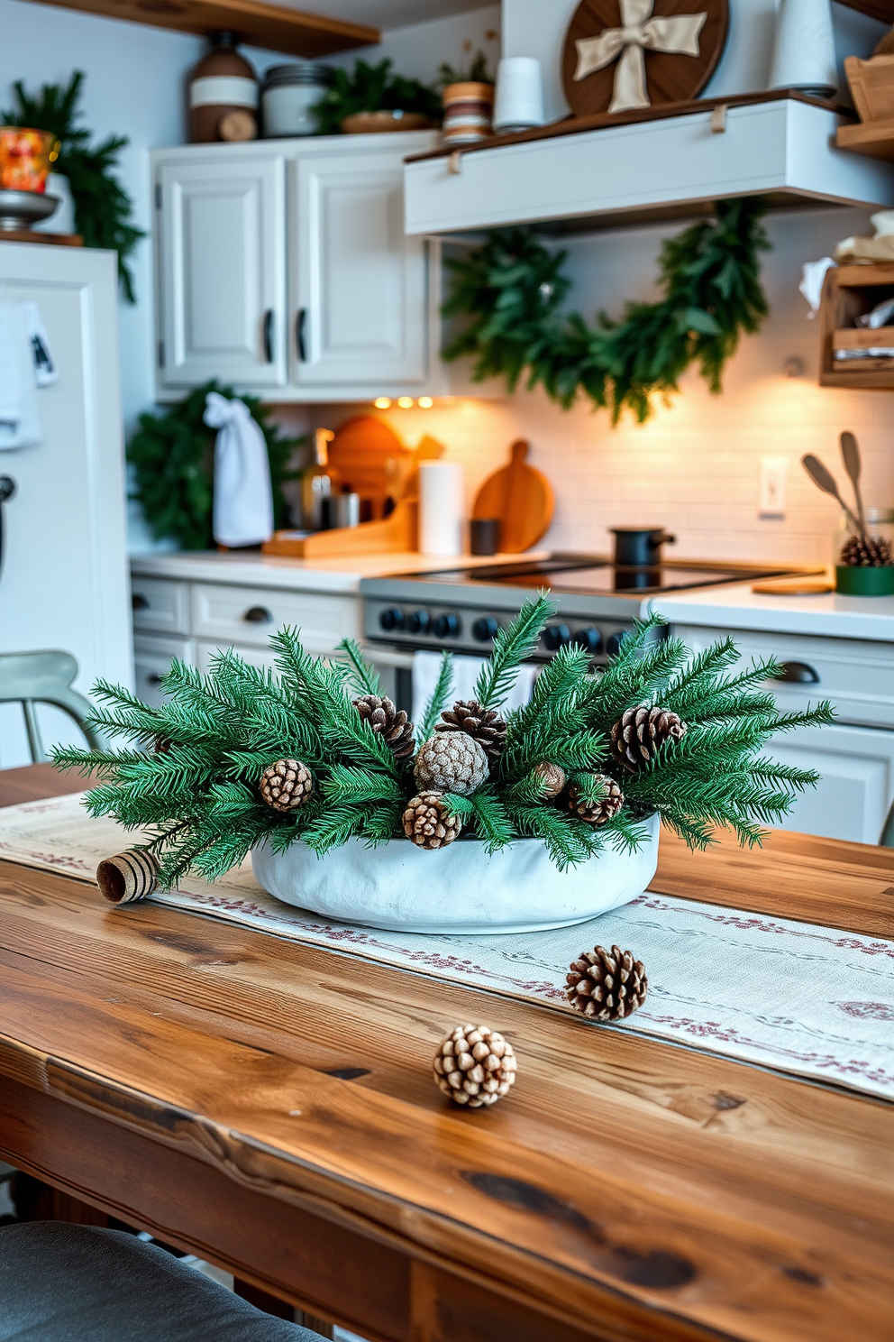 A cozy winter kitchen setting filled with natural elements. Pinecones and branches are artfully arranged on the countertop, complemented by warm wooden accents and soft lighting. The kitchen features a rustic wooden table adorned with a simple centerpiece of evergreen branches. A few pinecones are scattered around, adding a touch of nature to the inviting atmosphere.