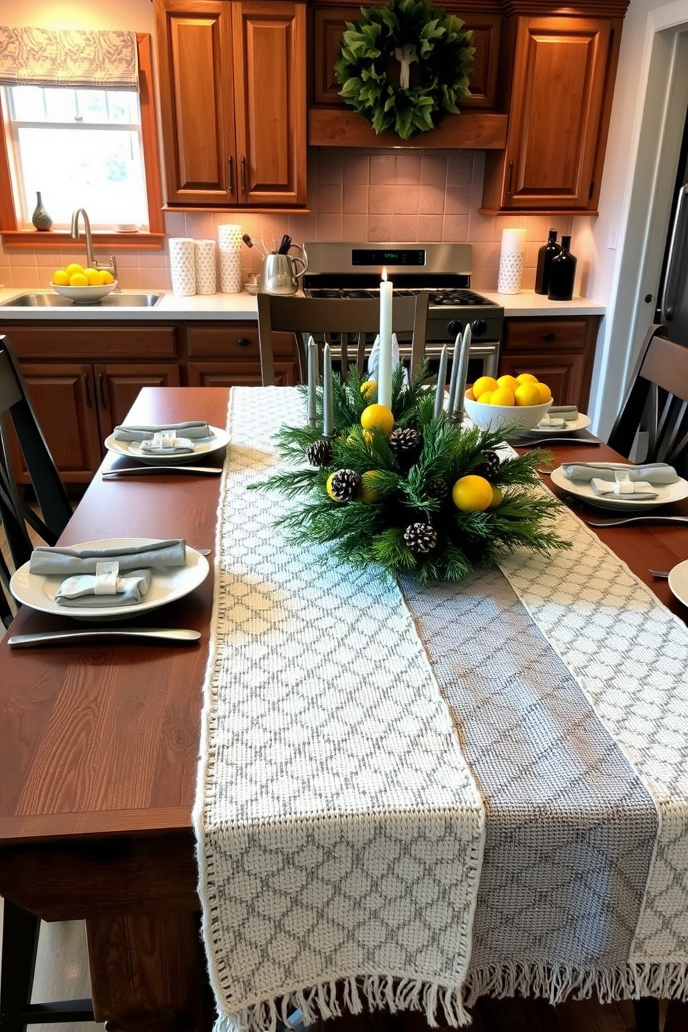 A cozy winter kitchen setting featuring a rustic wooden dining table adorned with textured table runners in varying shades of white and gray. The table is set with elegant dinnerware, and a centerpiece of seasonal greenery and pinecones brings a touch of nature indoors. Soft, warm lighting illuminates the kitchen, highlighting the rich wooden cabinetry and the subtle shimmer of metallic accents. A bowl of fresh citrus fruits sits on the counter, adding a pop of color and a refreshing contrast to the winter decor.