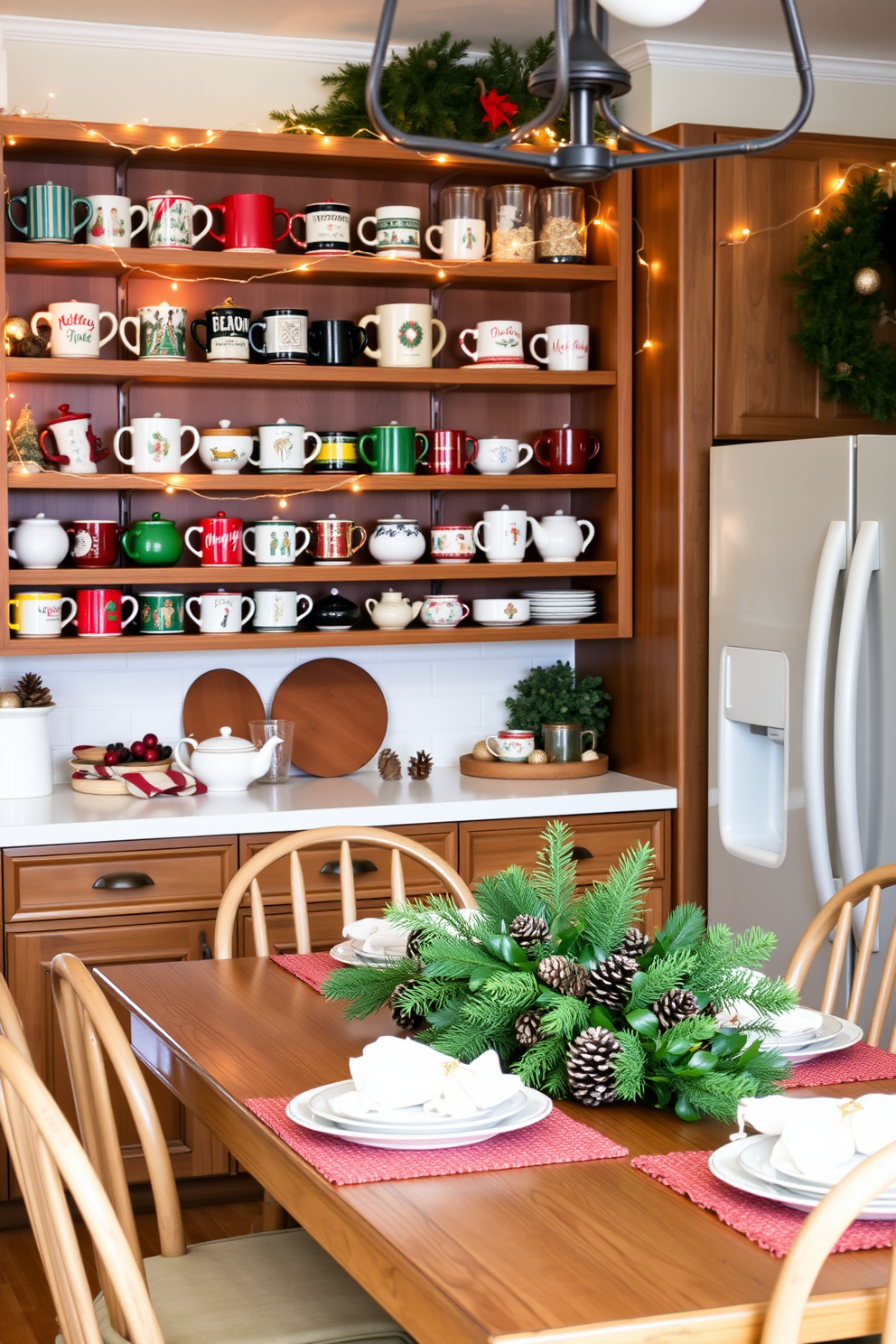 Festive mugs in various colors and patterns are displayed on open wooden shelves, creating a cheerful atmosphere. The shelves are adorned with twinkling string lights that add warmth to the winter kitchen decor. The kitchen features a cozy farmhouse table set for a holiday gathering, surrounded by mismatched chairs for a charming touch. Seasonal greenery and pinecones are arranged as a centerpiece, enhancing the festive spirit of the space.