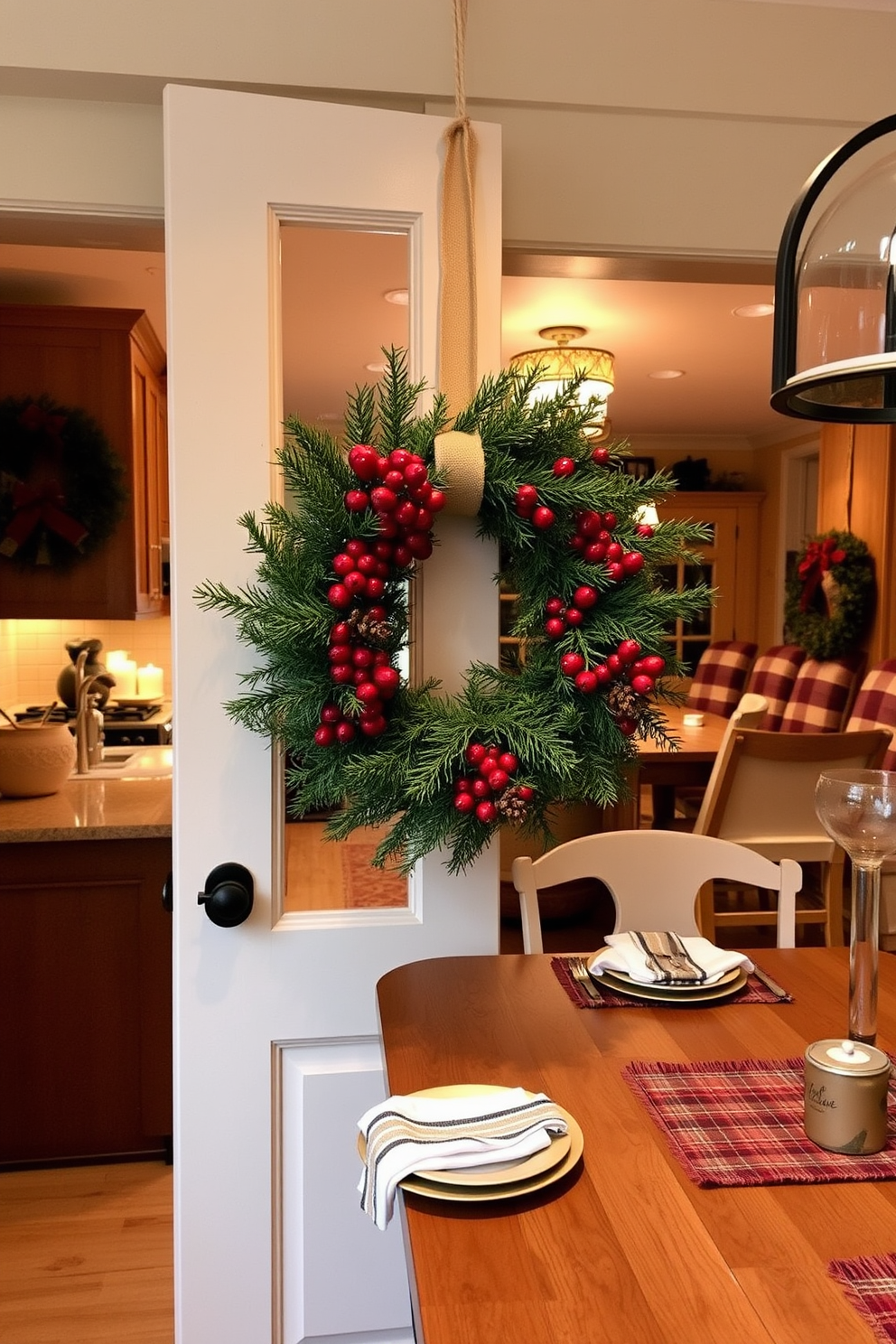 A seasonal wreath made of pine branches and red berries adorns the kitchen door, bringing a festive touch to the space. Inside, the kitchen features cozy winter decorations with warm lighting, plaid accents, and a rustic wooden table set for a family gathering.