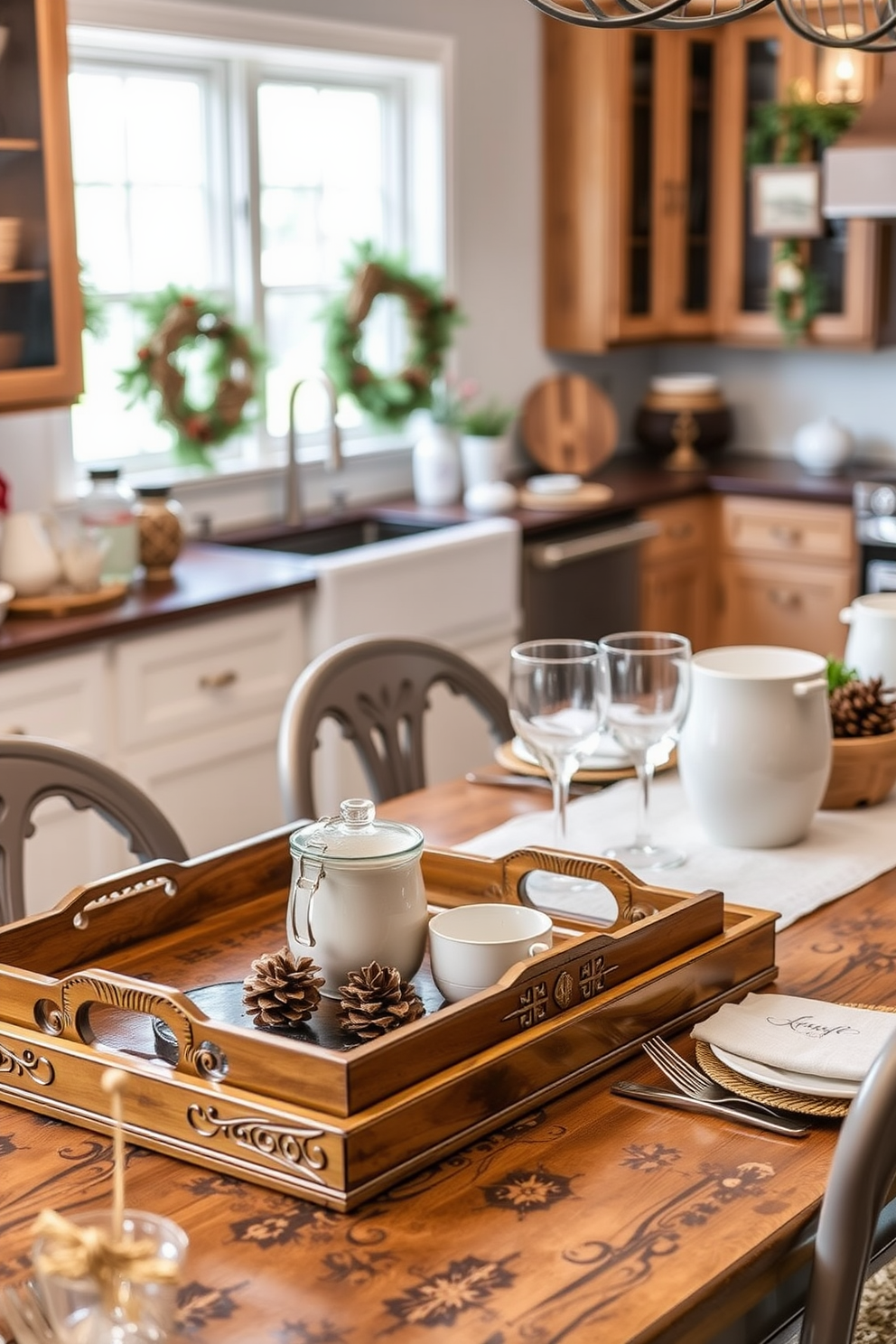 Elegant serving trays for organization. The trays are made of polished wood with intricate carvings and come in various sizes to accommodate different items. Winter kitchen decorating ideas. The kitchen features a cozy atmosphere with warm lighting, seasonal decorations like pinecones and evergreen branches, and a rustic farmhouse table set for a festive gathering.