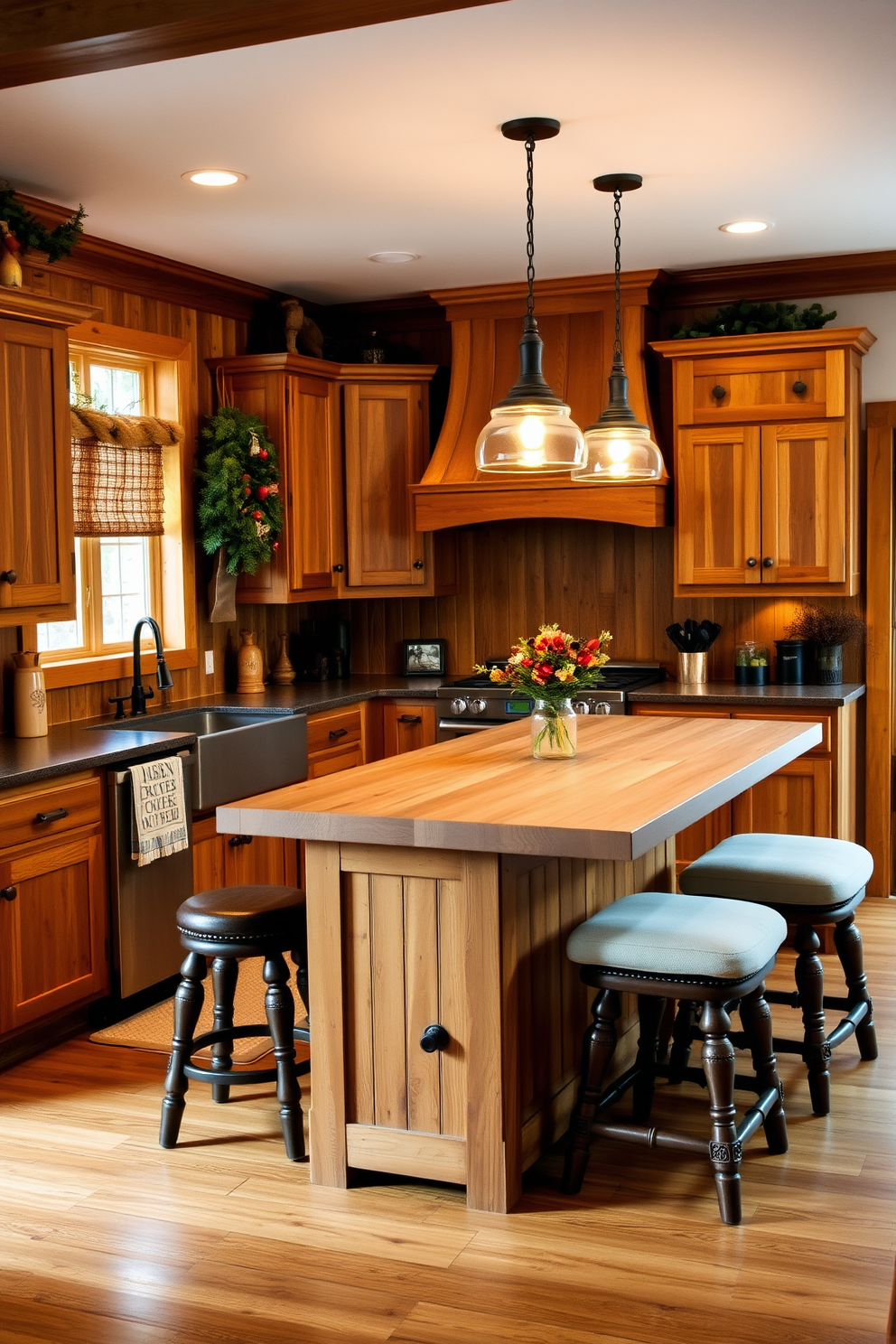 A cozy winter kitchen adorned with warm wood accents creates an inviting atmosphere. The wooden cabinetry features a distressed finish, complemented by a farmhouse sink and rustic hardware. A large island in the center is topped with a thick butcher block surface, surrounded by comfortable bar stools. Warm lighting fixtures hang above, casting a soft glow over the space, while seasonal decorations add a festive touch.