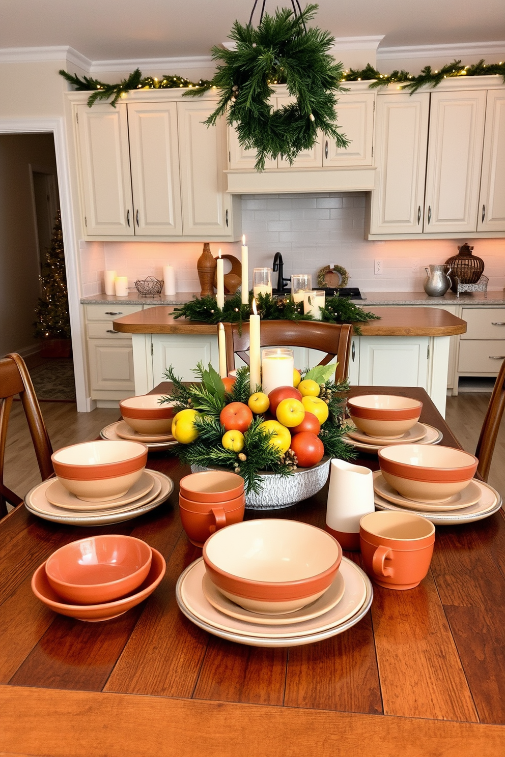 A collection of warm-toned dishware is elegantly arranged on a rustic wooden dining table. The dishware features earthy hues of terracotta and soft cream, creating an inviting atmosphere for cozy gatherings. The kitchen is adorned with festive winter decorations, including evergreen garlands draped over cabinets and twinkling fairy lights strung along the countertops. A centerpiece of seasonal fruits and candles adds warmth and charm to the space, making it perfect for holiday entertaining.