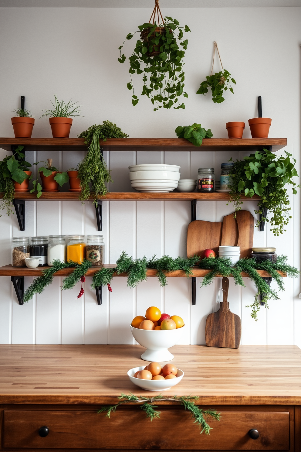 A cozy kitchen adorned with hanging herbs in terracotta pots, creating a fresh and inviting atmosphere. The walls are painted in a soft white, complementing the rustic wooden shelves that display various spices and kitchenware. Winter decorations are subtly integrated, featuring a charming garland of pine and berries draped across the countertop. A bowl of seasonal fruits sits in the center, adding a pop of color to the serene kitchen space.