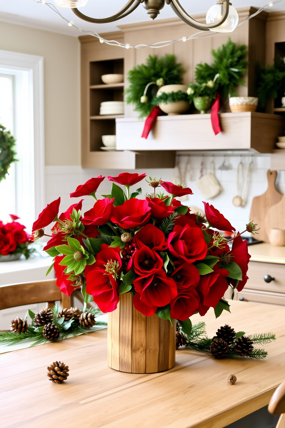 A cozy winter kitchen adorned with seasonal floral arrangements. Bright red and deep green flowers are artfully arranged in a rustic wooden vase placed on a farmhouse table. The countertops are decorated with pinecones and evergreen sprigs, bringing a touch of nature indoors. Soft white lights hang above, creating a warm and inviting atmosphere perfect for winter gatherings.