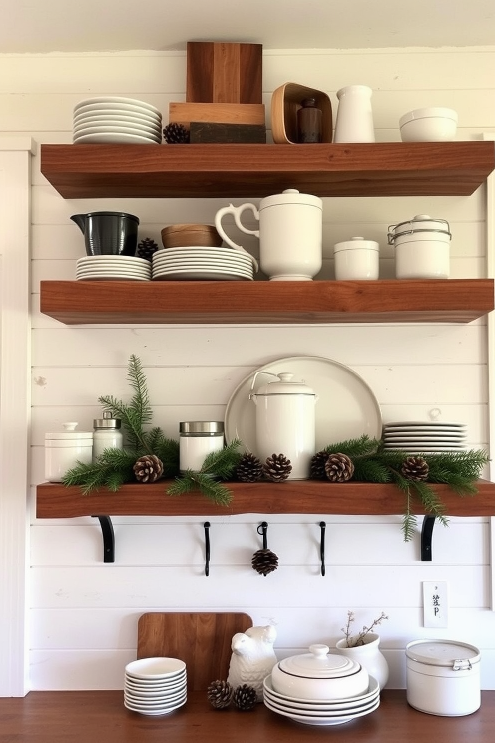 Rustic wooden shelves are mounted on the wall, showcasing an array of neatly arranged kitchenware and decorative jars. The shelves are made from reclaimed wood, adding warmth and character to the space, while a backdrop of white shiplap enhances the rustic charm. The kitchen is adorned with winter-themed decorations, such as pinecones and evergreen branches artfully placed among the dishware. Soft, warm lighting creates a cozy atmosphere, inviting family and friends to gather and enjoy the seasonal decor.