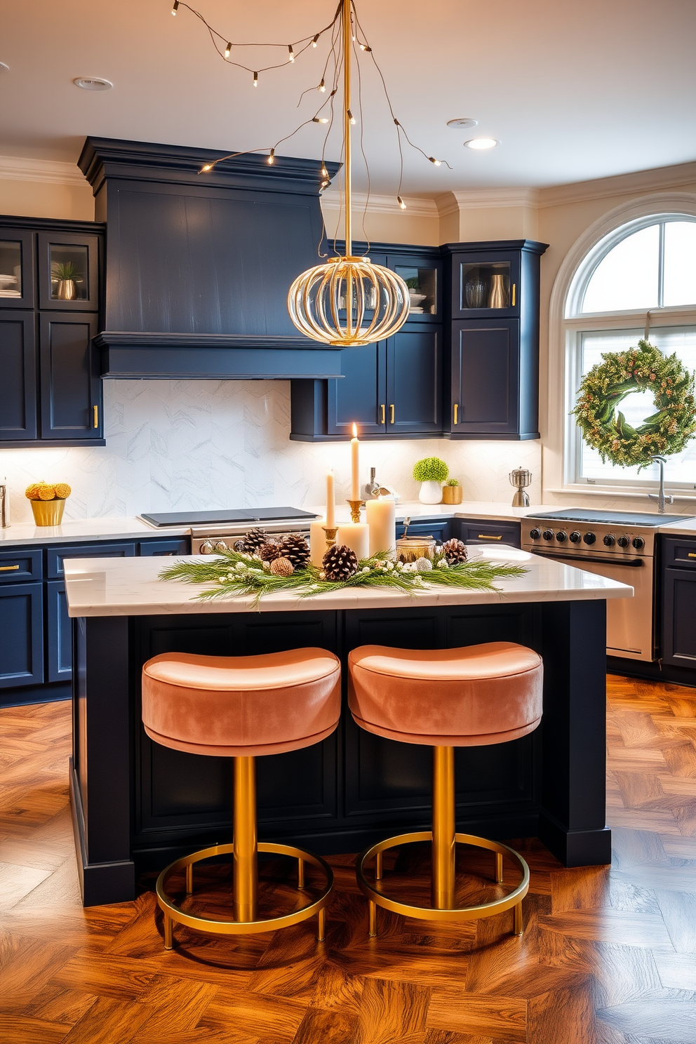 A winter kitchen adorned with warm metallic accents creates an inviting and glamorous atmosphere. The cabinetry features a rich navy blue finish, complemented by gold hardware that adds a touch of elegance. A large island with a white marble countertop serves as the centerpiece, surrounded by plush bar stools in a soft velvet fabric. Twinkling string lights hang above, creating a cozy ambiance while a seasonal centerpiece of pinecones and candles enhances the winter theme.