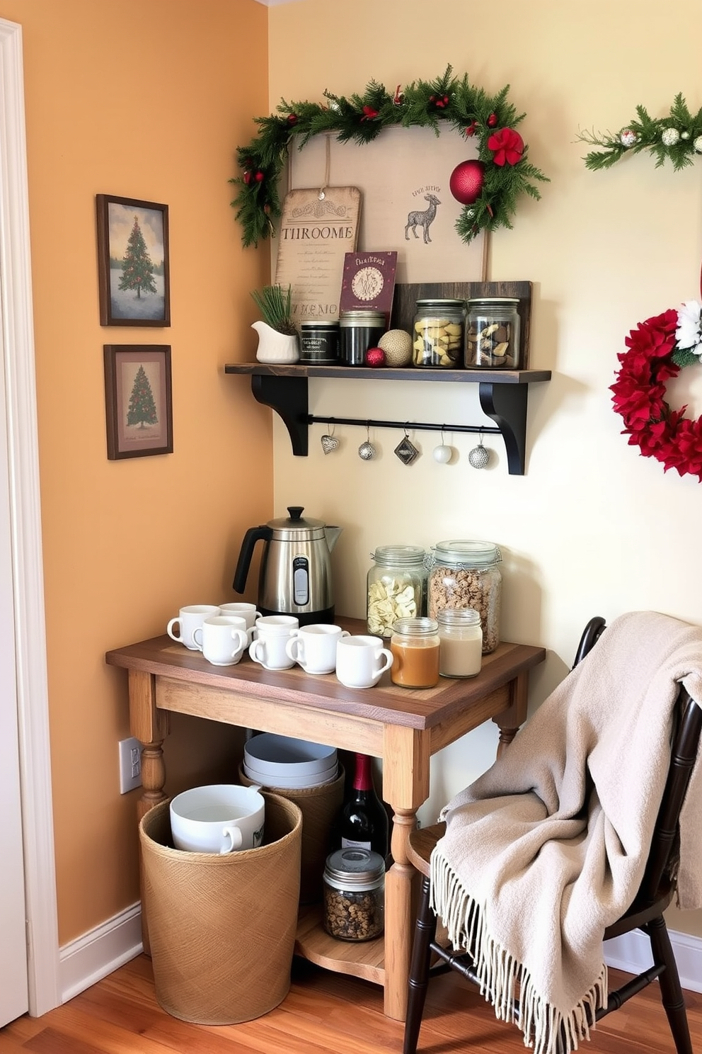 A cozy kitchen corner designed for a hot beverage station. A rustic wooden table holds an assortment of mugs, a stylish kettle, and jars filled with various teas and coffees. The walls are adorned with warm, inviting colors and seasonal decorations. A small shelf displays festive ornaments, while a soft throw blanket drapes over a nearby chair, creating a welcoming atmosphere.