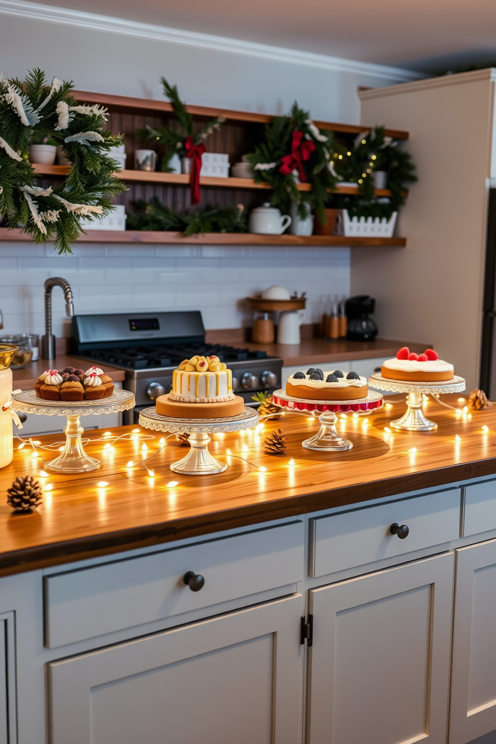 A cozy winter kitchen adorned with decorative cake stands showcasing seasonal treats. The cake stands are elegantly arranged on a rustic wooden countertop, surrounded by twinkling fairy lights and pinecone accents.