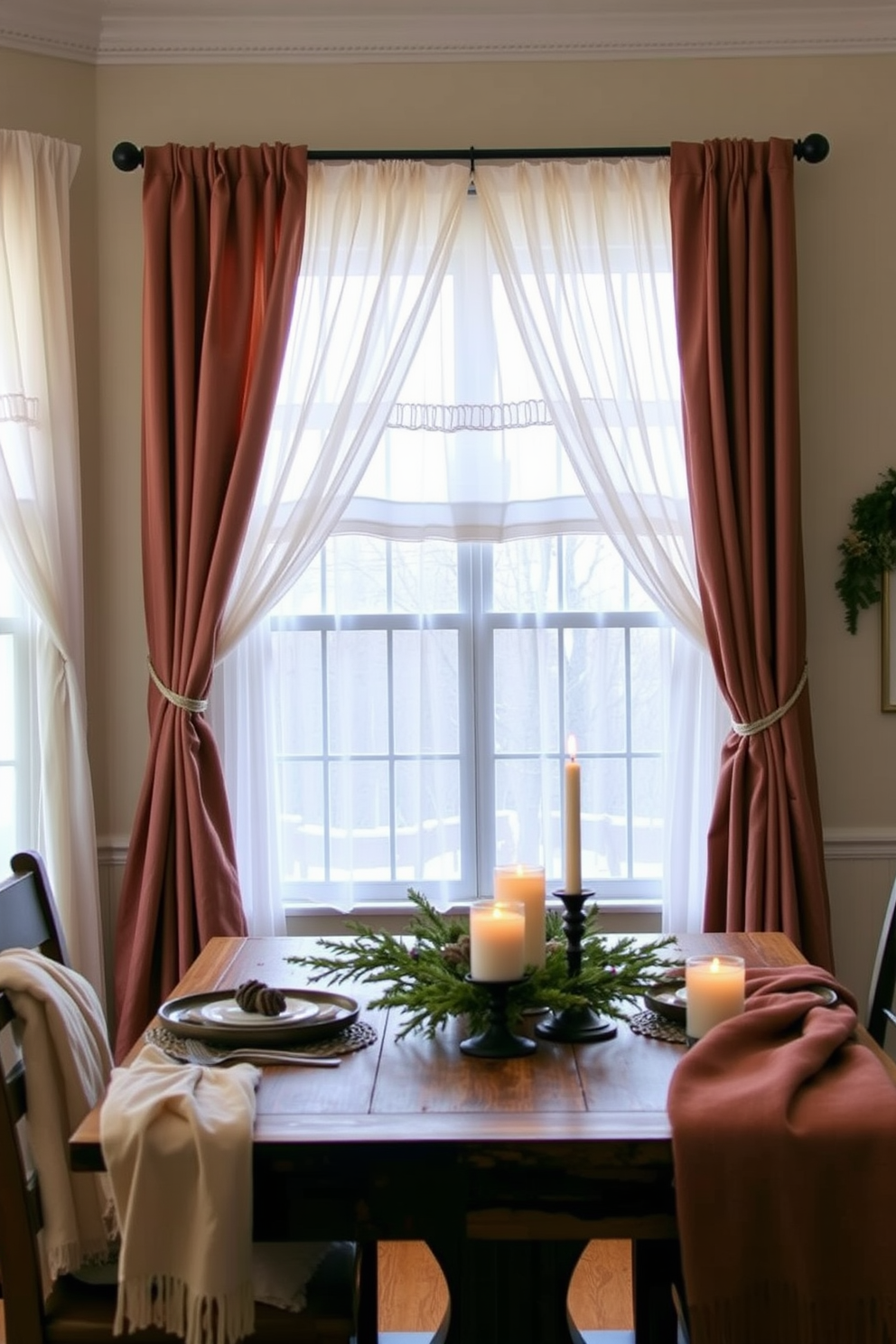 Layered window treatments featuring sheer curtains and heavy drapes to create a cozy atmosphere. The color palette includes soft whites and warm earthy tones to complement the winter kitchen decor. Decorative elements such as pinecone garlands and seasonal greenery enhance the festive feel. A rustic wooden table is set with a warm throw and candles for an inviting dining experience.