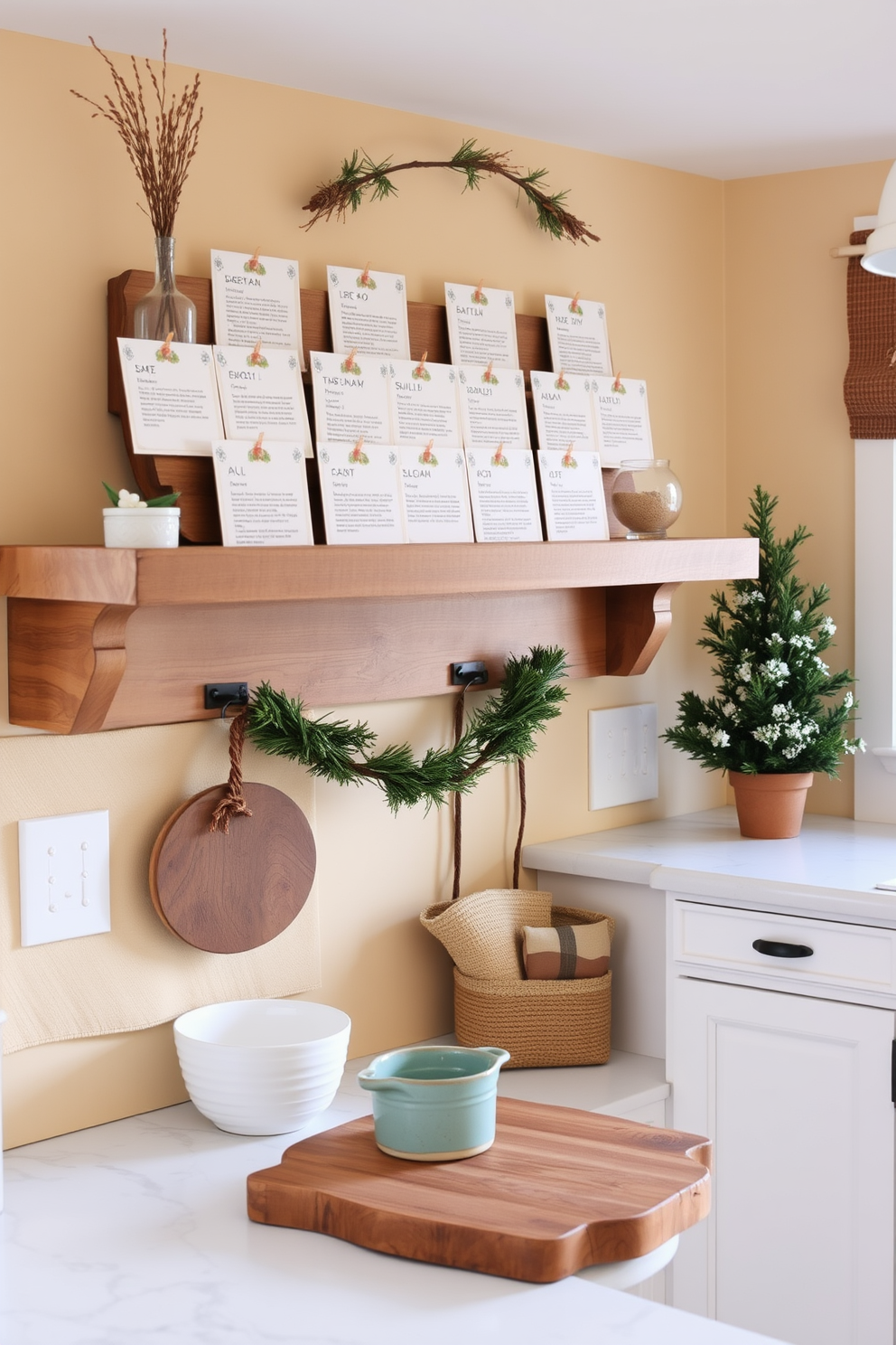 A cozy winter kitchen adorned with personalized recipe cards displayed on a rustic wooden shelf. The walls are painted in a warm cream color, and the countertop features a mix of natural wood and white marble accents.