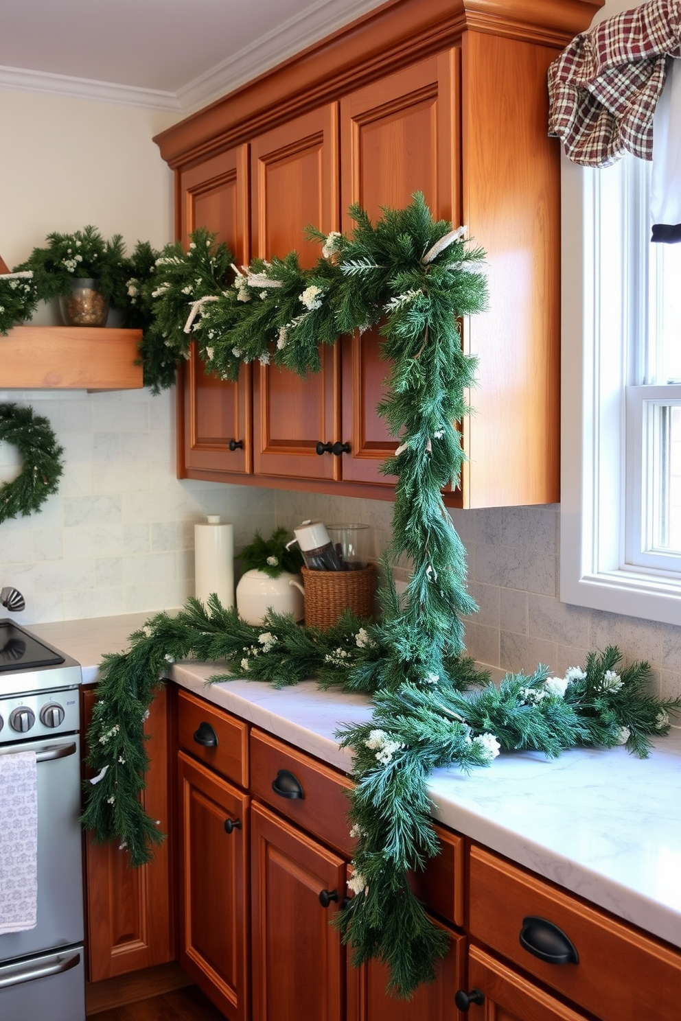 A cozy winter kitchen adorned with seasonal garlands draped elegantly over the cabinets. The warm wood tones of the cabinetry complement the rich greens and whites of the garlands, creating a festive and inviting atmosphere.