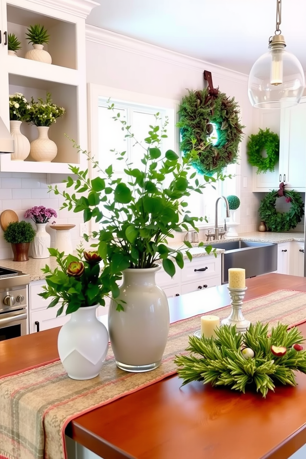 Fresh greenery in decorative vases creates a vibrant and inviting atmosphere in the kitchen. The decorative vases are placed on open shelves and the kitchen island, showcasing an array of plants that bring life to the space. Winter kitchen decorating ideas incorporate cozy elements like soft textiles and warm lighting. Accents such as plaid table runners and seasonal wreaths adorn the countertops, enhancing the kitchen's warmth during the colder months.