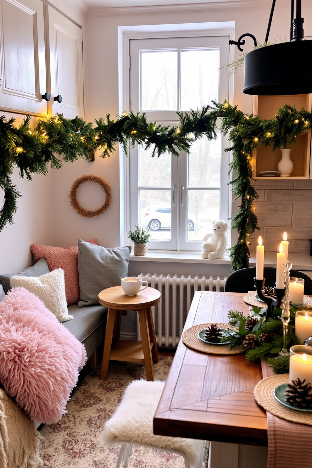 Cozy nook with plush cushions in soft pastel colors creating an inviting atmosphere. Natural light filters through a large window, illuminating a small wooden side table adorned with a steaming cup of tea. Winter kitchen decorated with evergreen garlands draped over cabinets and twinkling fairy lights. A rustic wooden dining table is set with seasonal decor, featuring pinecones and candles for a warm, festive touch.